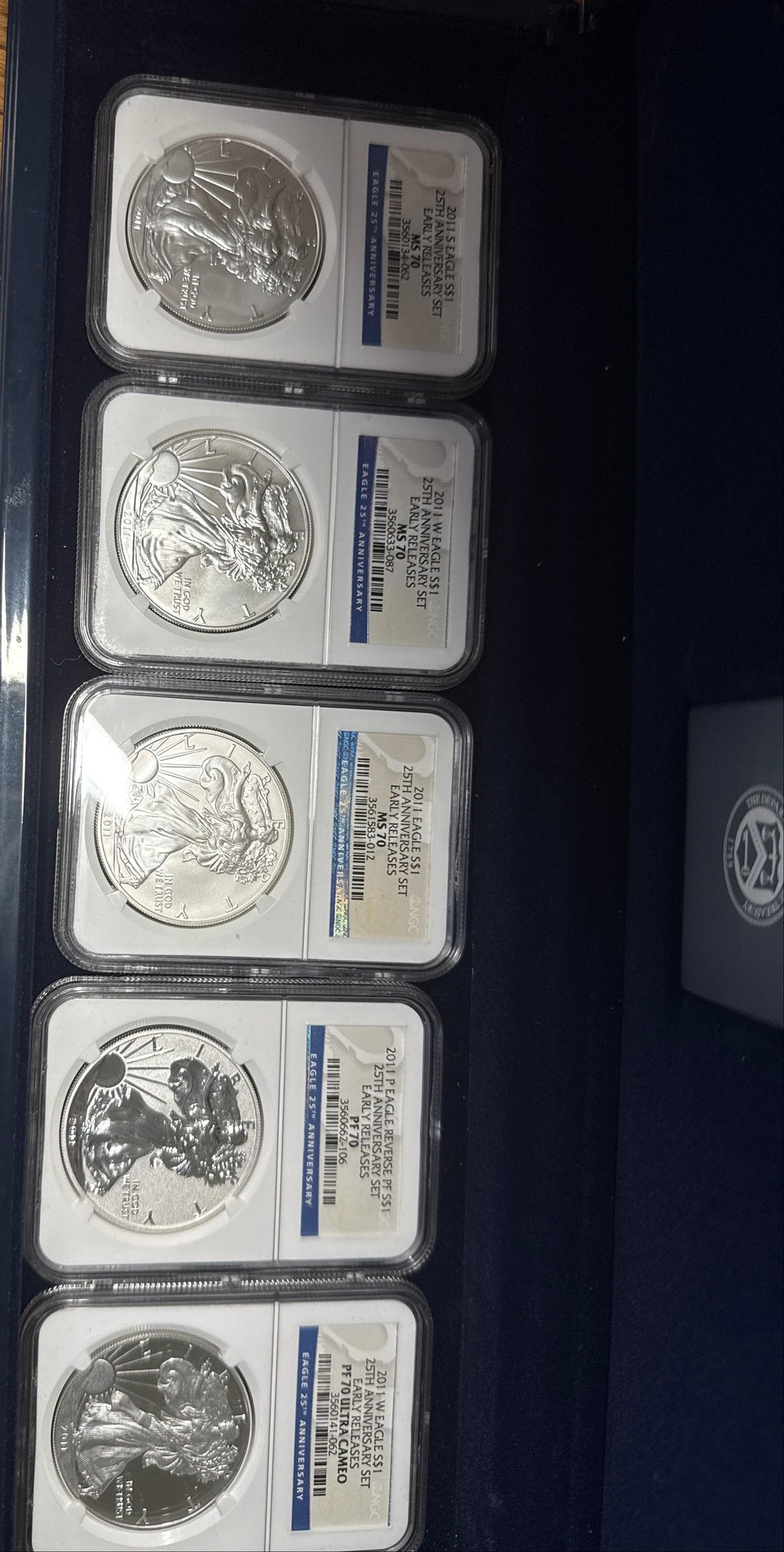 2011  Silver Eagles NGC 5 Piece-25th Anniversary Set -  MS/PF70/PF70-UCAM Early Releases  with Display Box