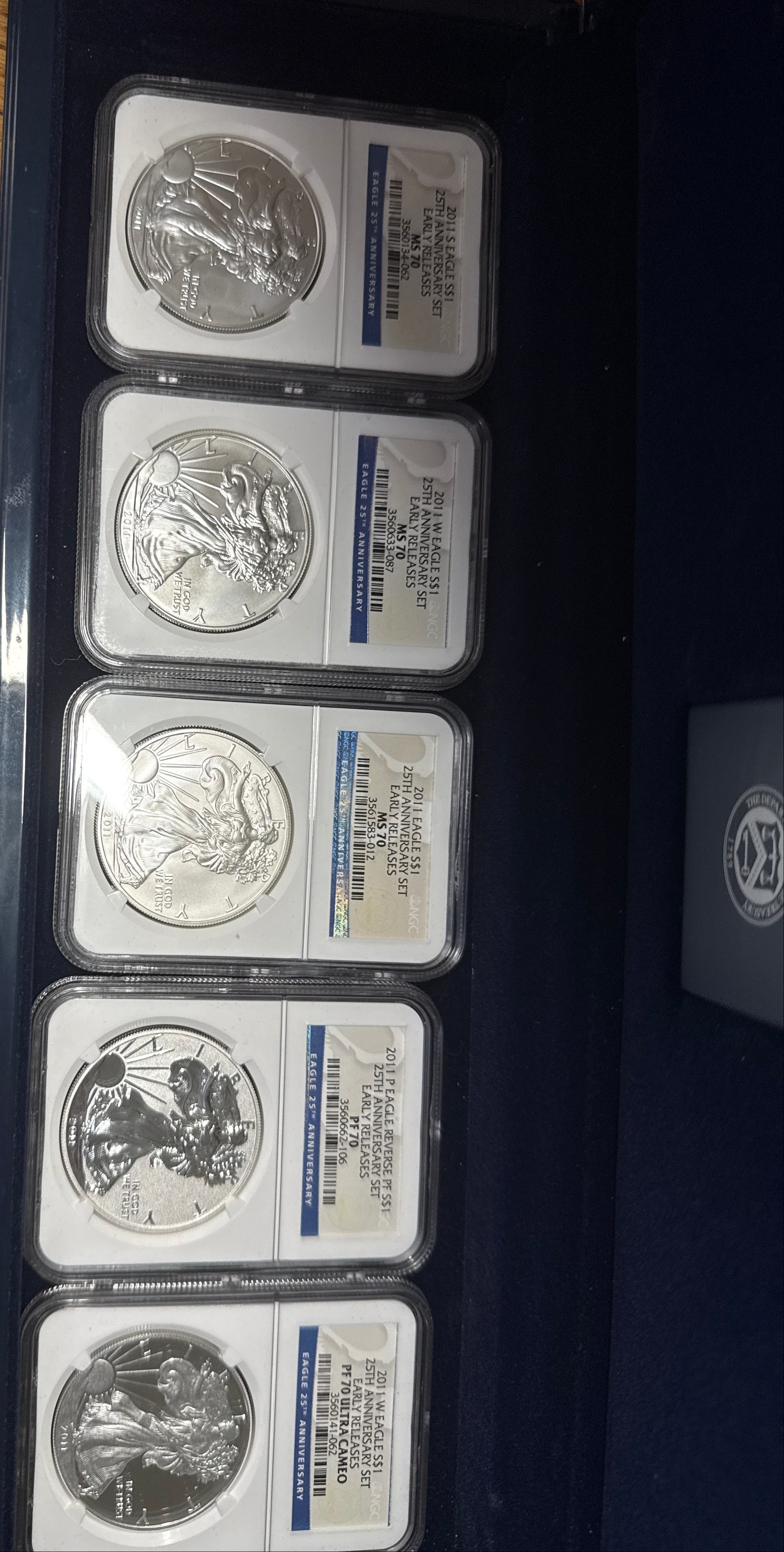 2011  Silver Eagles NGC 5 Piece-25th Anniversary Set -  MS/PF70/PF70-UCAM Early Releases  with Display Box