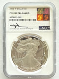 2002-W American Silver Eagle NGC 1 oz PF70 UCAM  J. M. Mercanti hand signed pop #9 Art Label