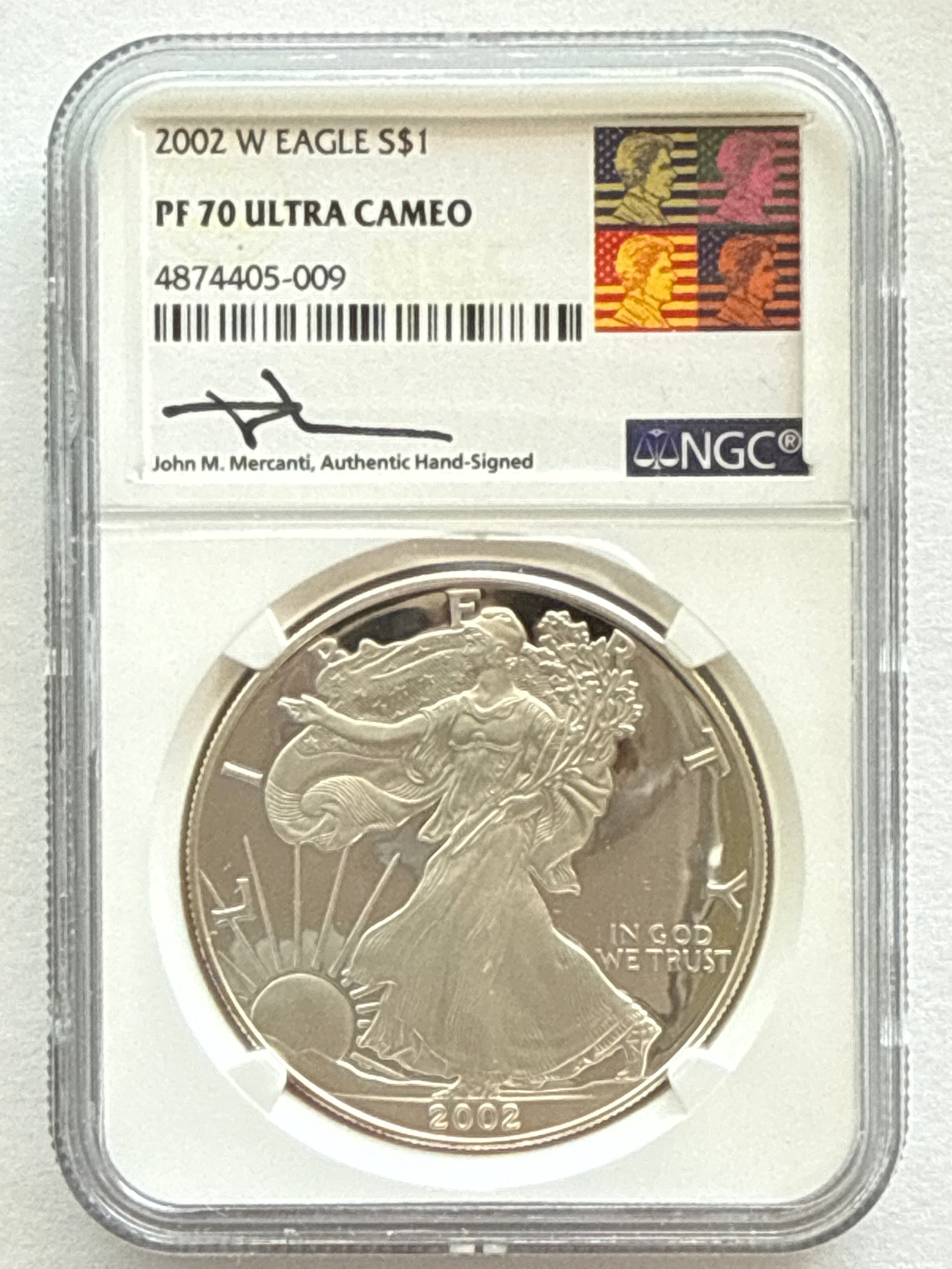 2002-W American Silver Eagle NGC 1 oz PF70 UCAM  J. M. Mercanti hand signed pop #9 Art Label