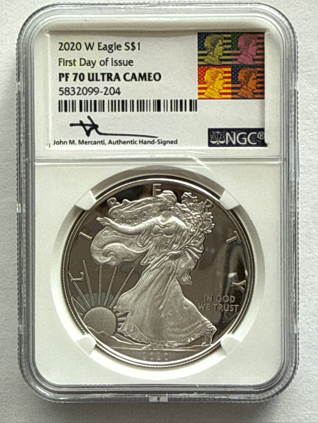 2020-W American Silver Eagle NGC 1 oz PF70 UCAM FDOI J. M. Mercanti hand signed Art Label