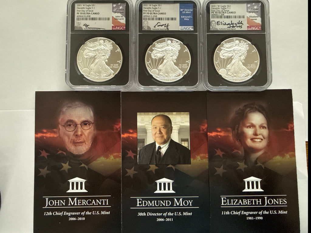 2021-W American Silver Heraldic Eagle T-1 3 Piece Set NGC FDOI PF70 UCAM Mercanti/Jones/Moy Hand Signed