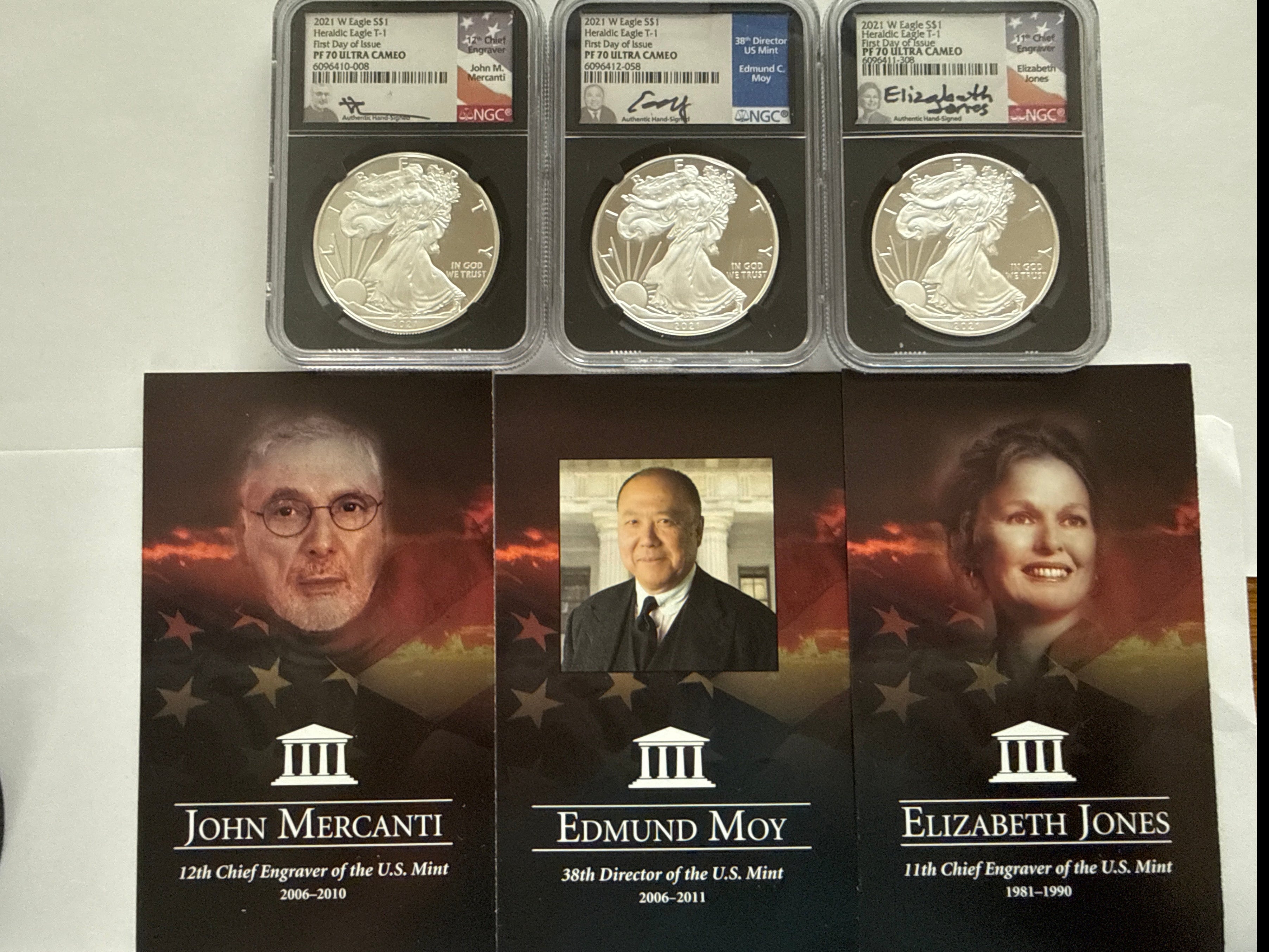 2021-W American Silver Heraldic Eagle T-1 3 Piece Set NGC FDOI PF70 UCAM Mercanti/Jones/Moy Hand Signed