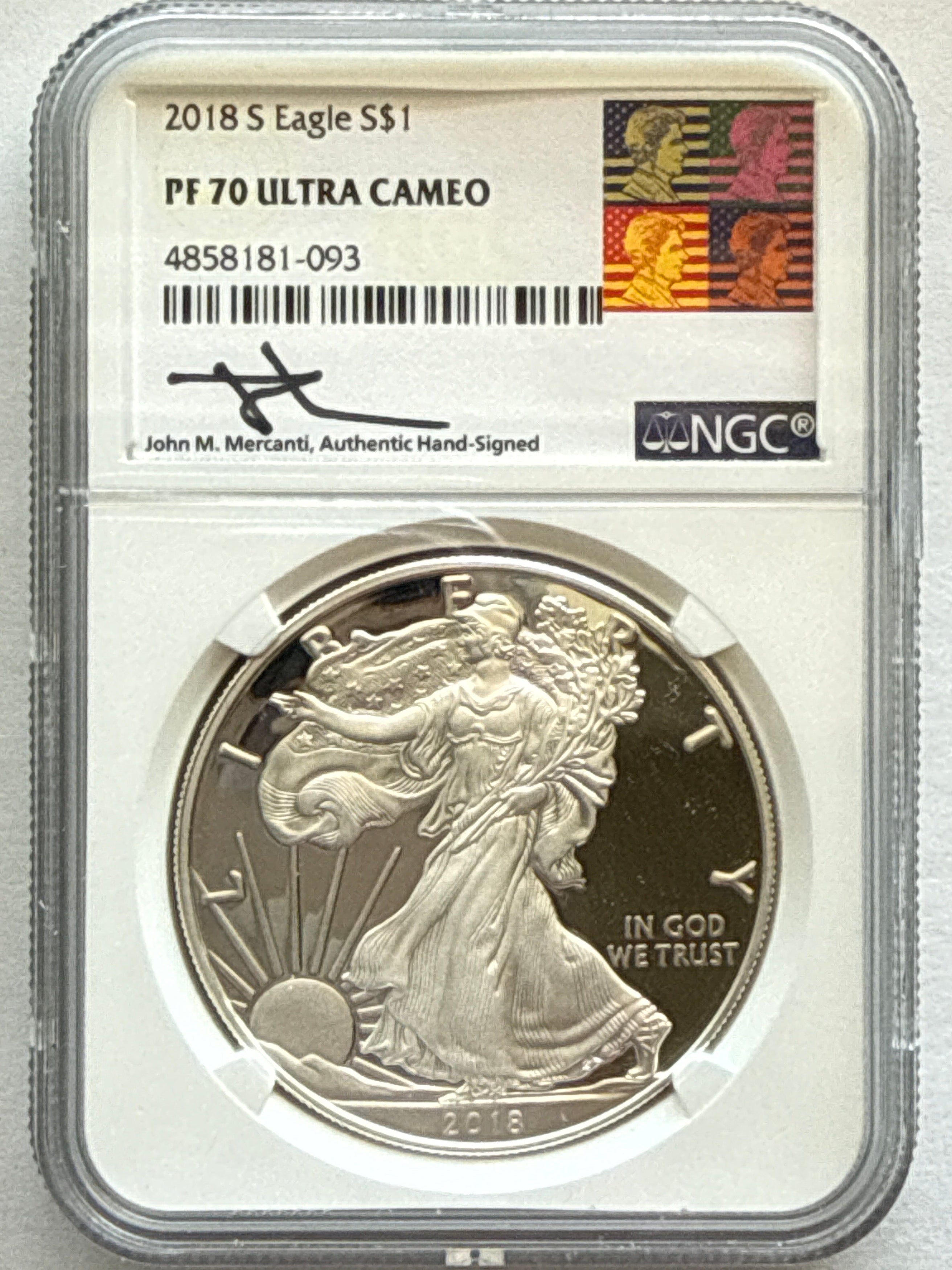 2018-S American Silver Eagle NGC 1 oz PF70 UCAM  J. M. Mercanti hand signed  Art Label