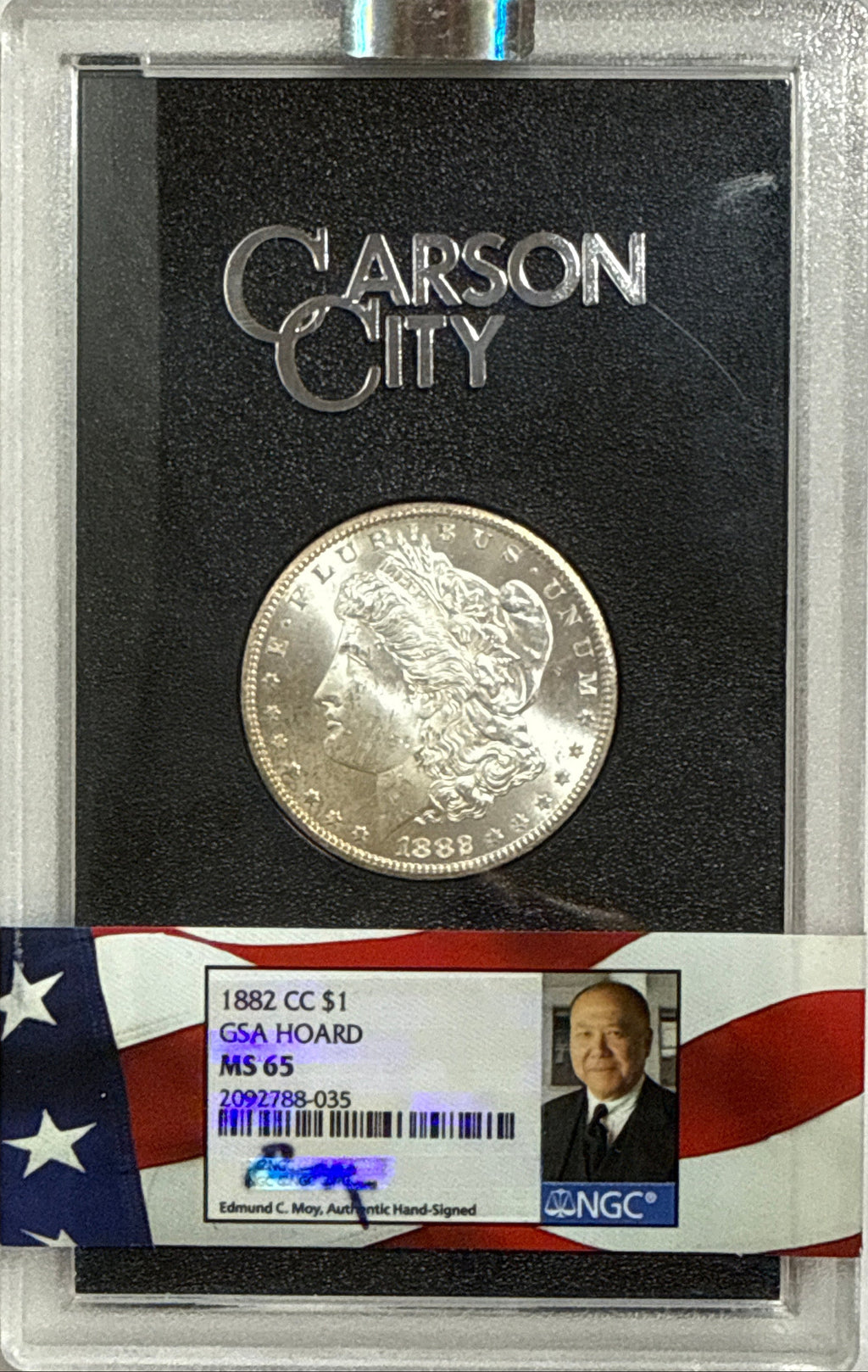 1882-CC $1 Morgan Silver Dollar NGC MS65 GSA Hoard Edmund Moy Hand Signed