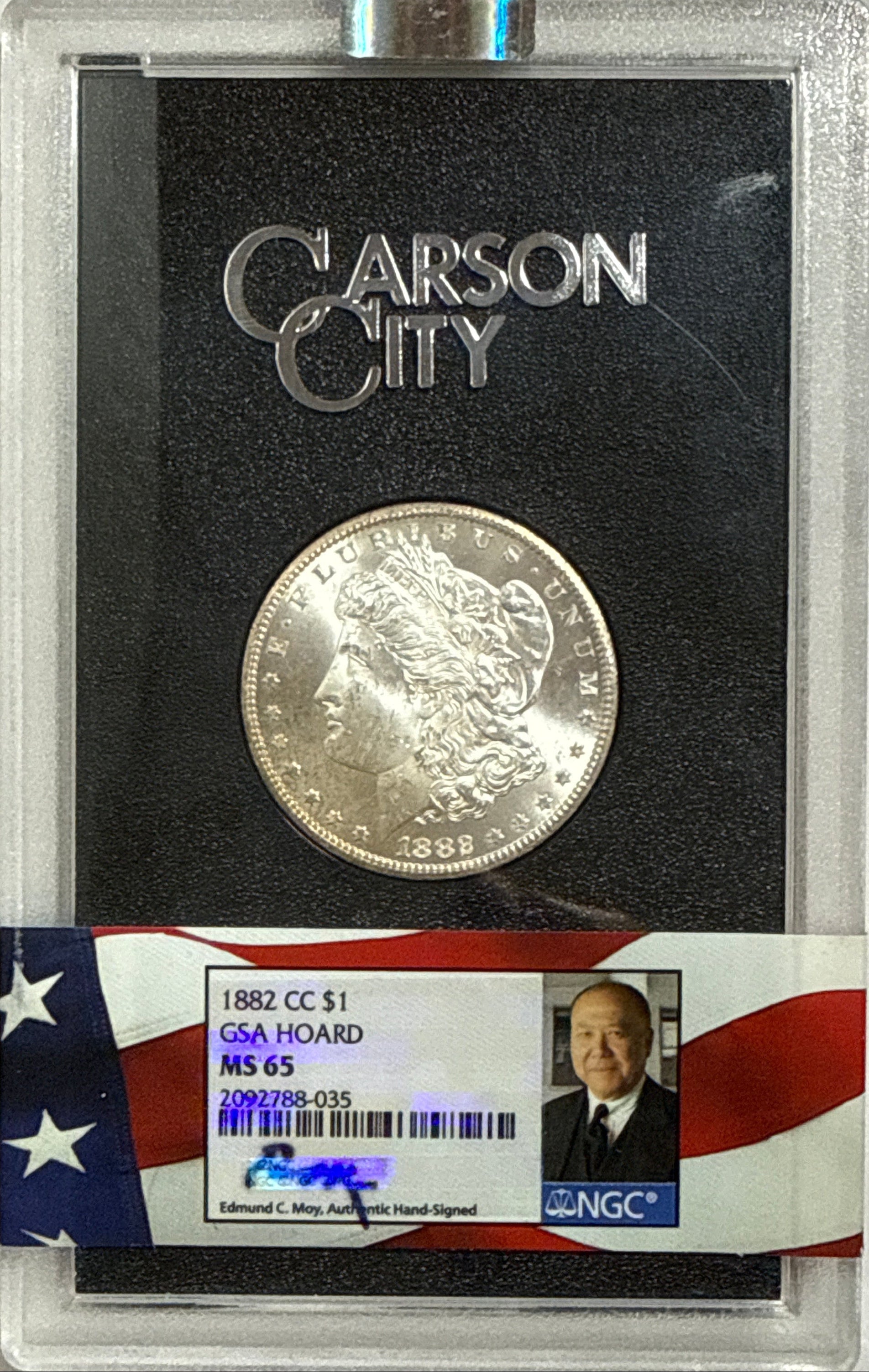 1882-CC $1 Morgan Silver Dollar NGC MS65 GSA Hoard Edmund Moy Hand Signed