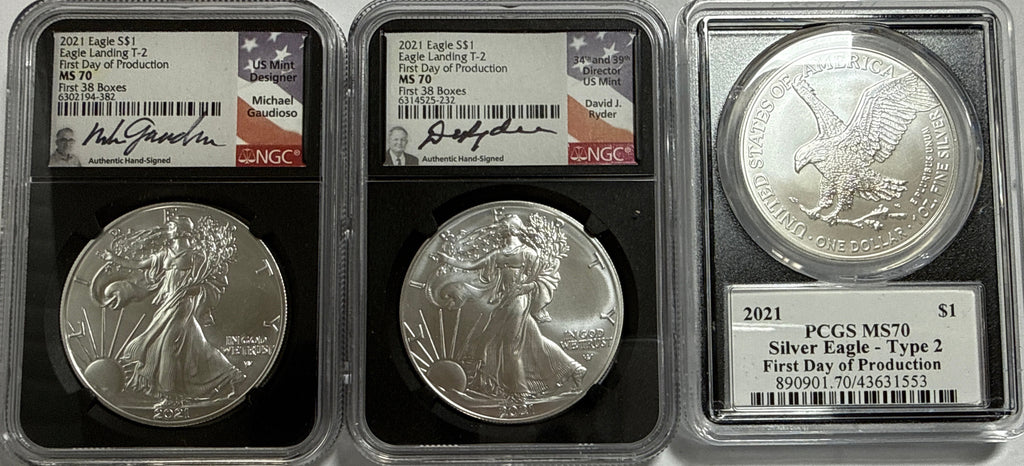 2021 American Silver Eagle 3 Piece Set T-2 NGC MS70 First Day of Production First 38 Boxes Gaudioso/Ryder/Damstra