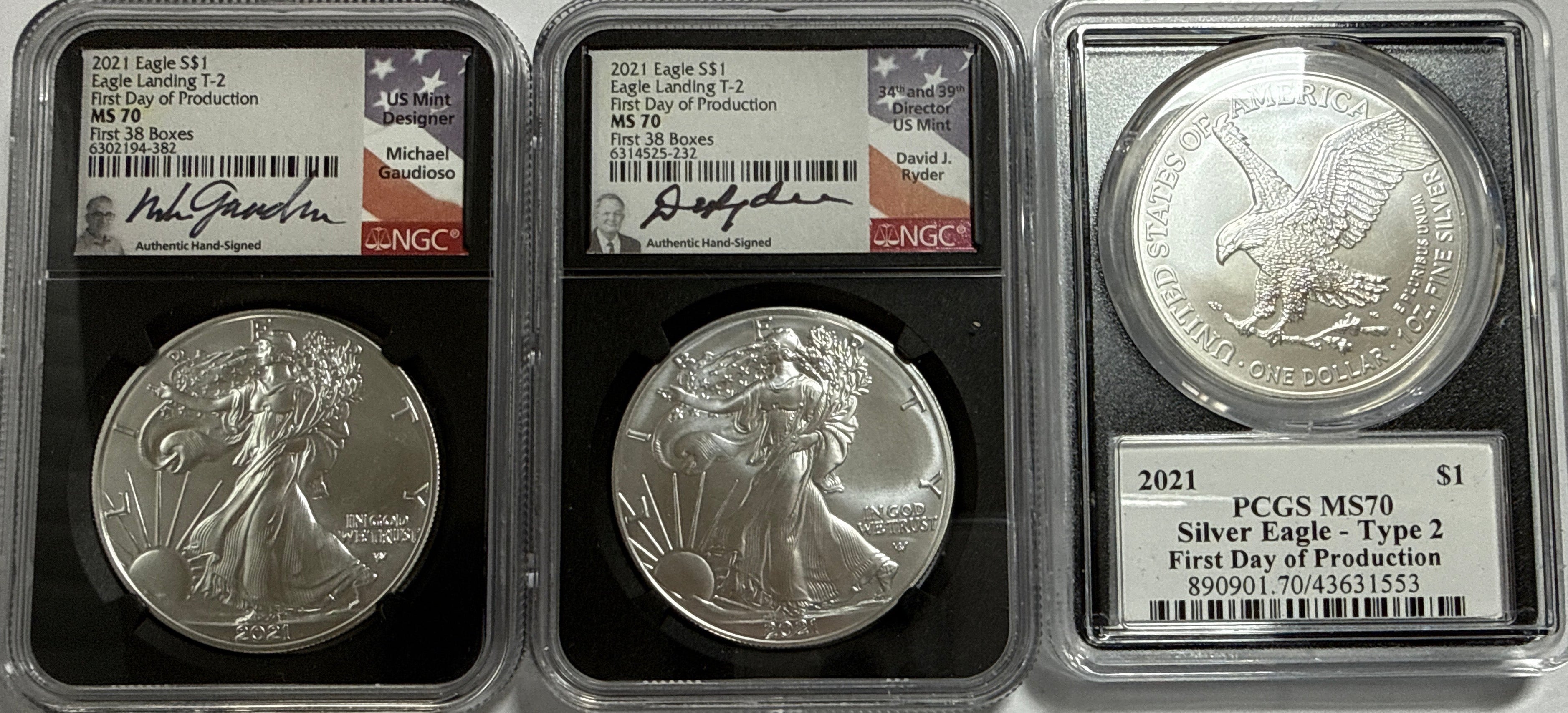 2021 American Silver Eagle 3 Piece Set T-2 NGC MS70 First Day of Production First 38 Boxes Gaudioso/Ryder/Damstra