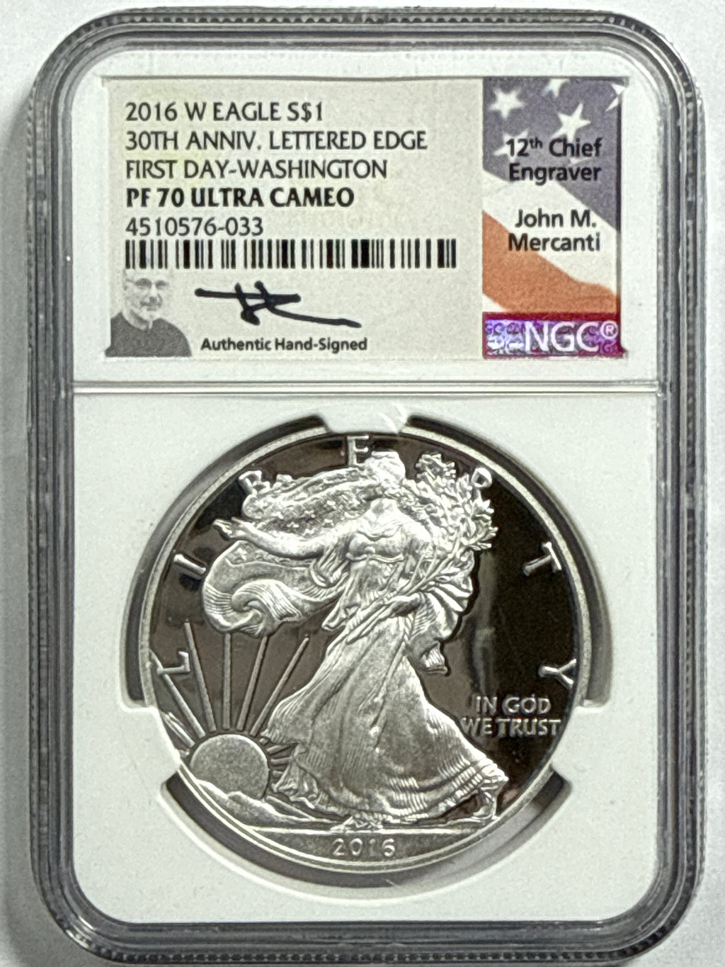 2016-W American Silver Eagle 3 Piece Set NGC PF70 UCAM 30th Anniv. Lettered Edge First Day-Denver/Philadelphia/Washington Mercanti Hand Signed