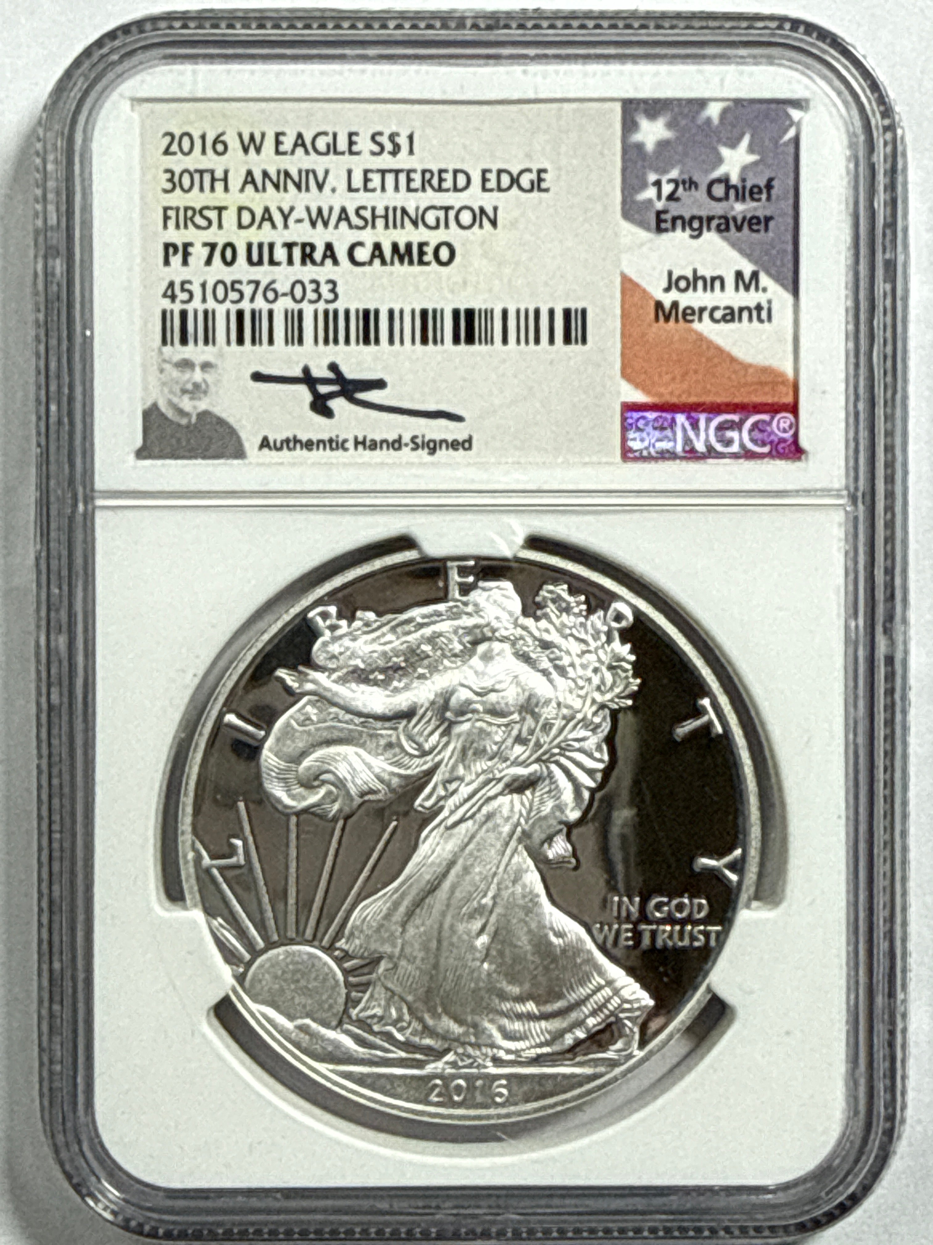 2016-W American Silver Eagle 3 Piece Set NGC PF70 UCAM 30th Anniv. Lettered Edge First Day-Denver/Philadelphia/Washington Mercanti Hand Signed