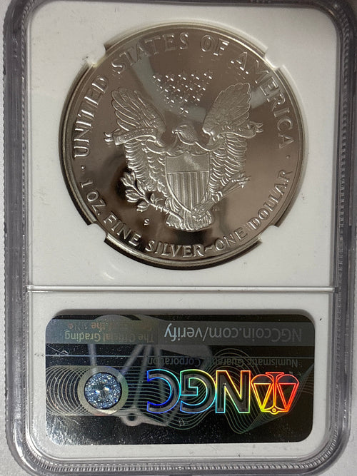 1986-S American Silver Eagle NGC 1 oz PF70 UCAM  J. M. Mercanti hand signed pop #1 Art Label
