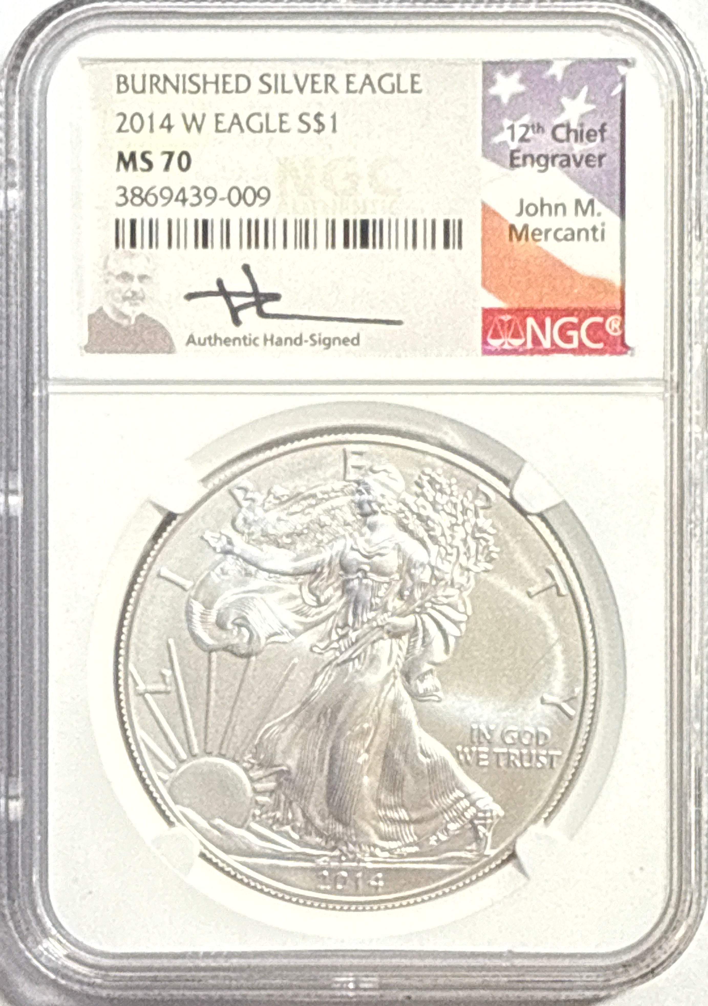 2014-W Burnished American Silver Eagle $1 NGC MS70 Mercanti Hand-Signed