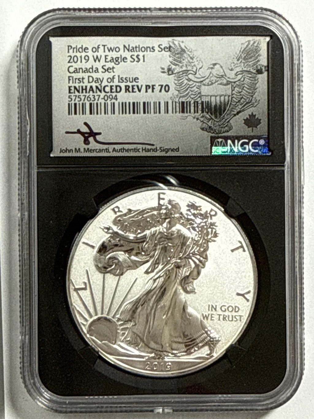 2019 Pride of Two Nations Set Canada $5 Maple Leaf -Canada 2 Coin Box Set with CoA NGC FDI Modified PF70 Susan Taylor. 2019-W Pride of Two Nations American Silver Eagle $1  Canada Set FDI Enhanced Rev PF70 John Mercanti.