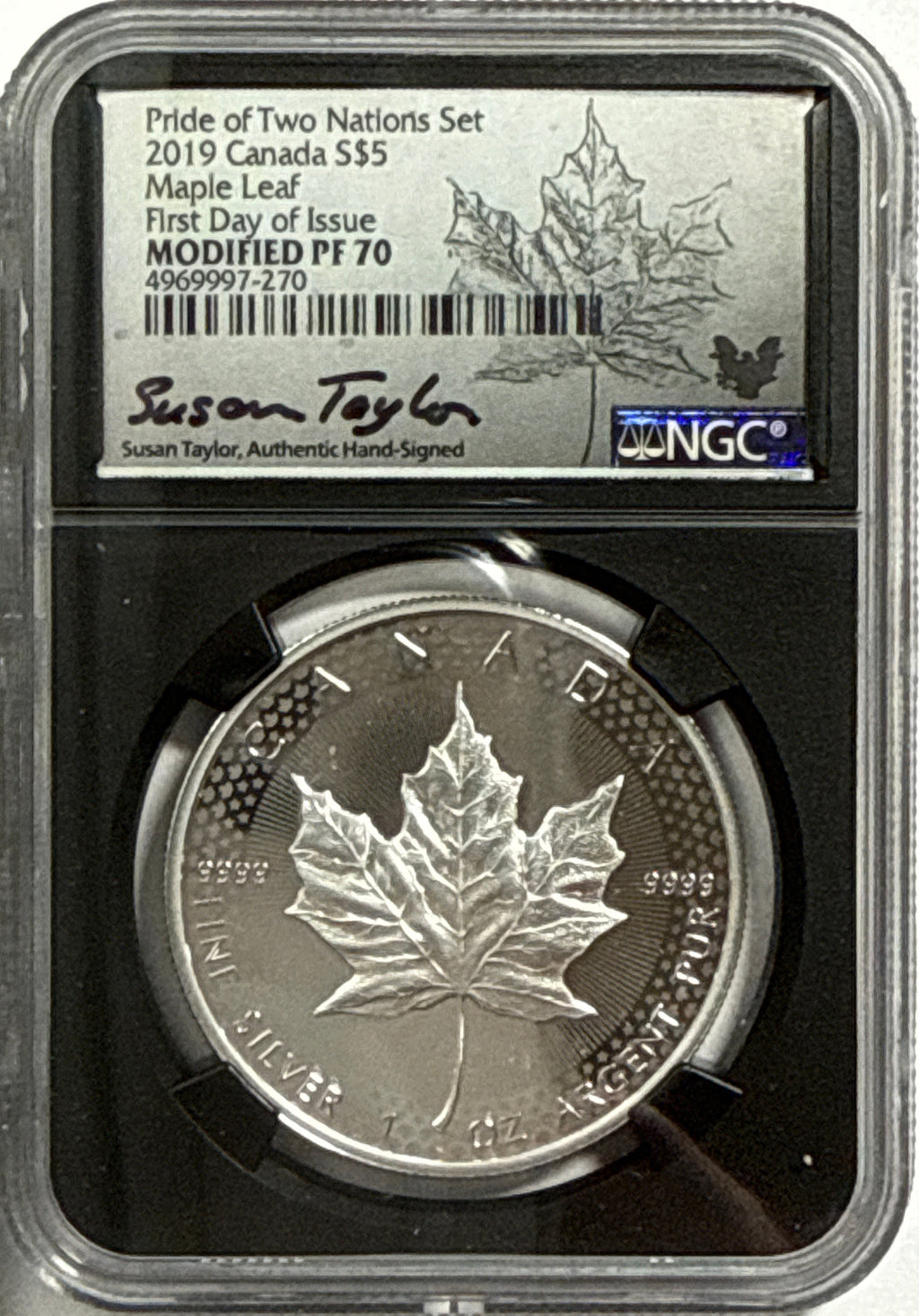 2019 Pride of Two Nations Set Canada $5 Maple Leaf -Canada 2 Coin Box Set with CoA NGC FDI Modified PF70 Susan Taylor. 2019-W Pride of Two Nations American Silver Eagle $1 Canada 2 Coin Box Set FDI Enhanced Rev PF70 John Mercanti.