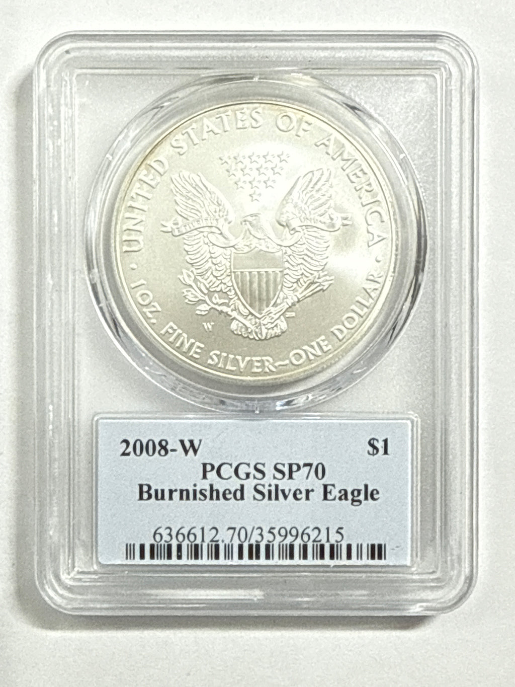 2008-W Burnished American Silver Eagle PCGS SP70 Thomas Cleveland Native Chief Label