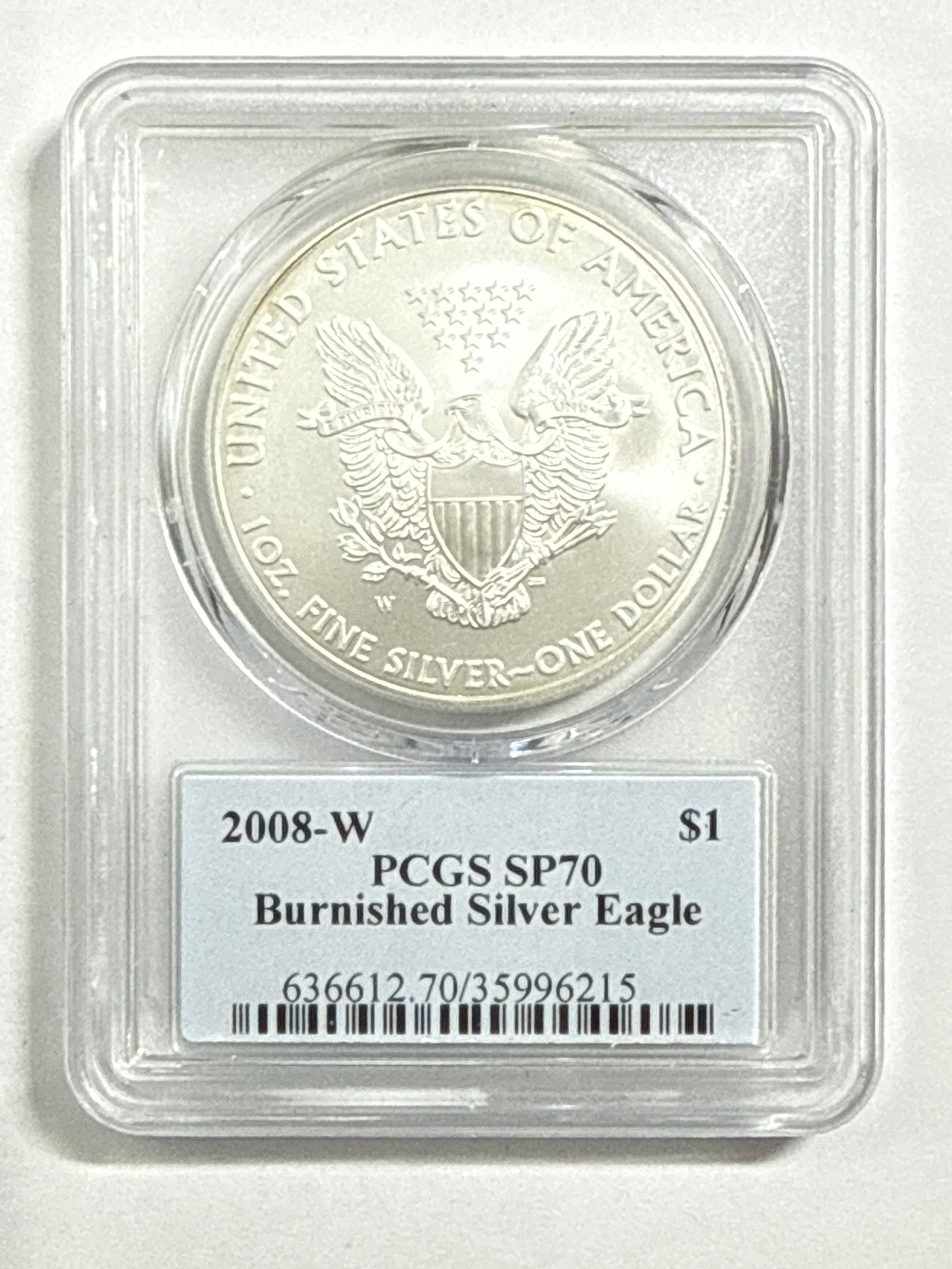2008-W Burnished American Silver Eagle PCGS SP70 Thomas Cleveland Native Chief Label