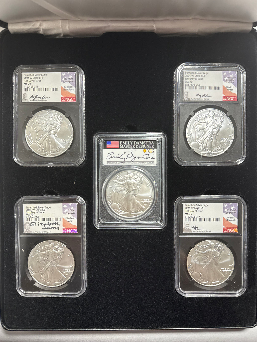 2024-W Burnished American Silver Eagle 5 Piece Set NGC/PCGS MS70/SP70 FDOI  Mercanti/Ryder/Jones/Gaudioso/Damstra with display box.