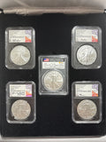 2024-W Burnished American Silver Eagle 5 Piece Set NGC/PCGS MS70/SP70 FDOI  Mercanti/Ryder/Jones/Gaudioso/Damstra with display box.
