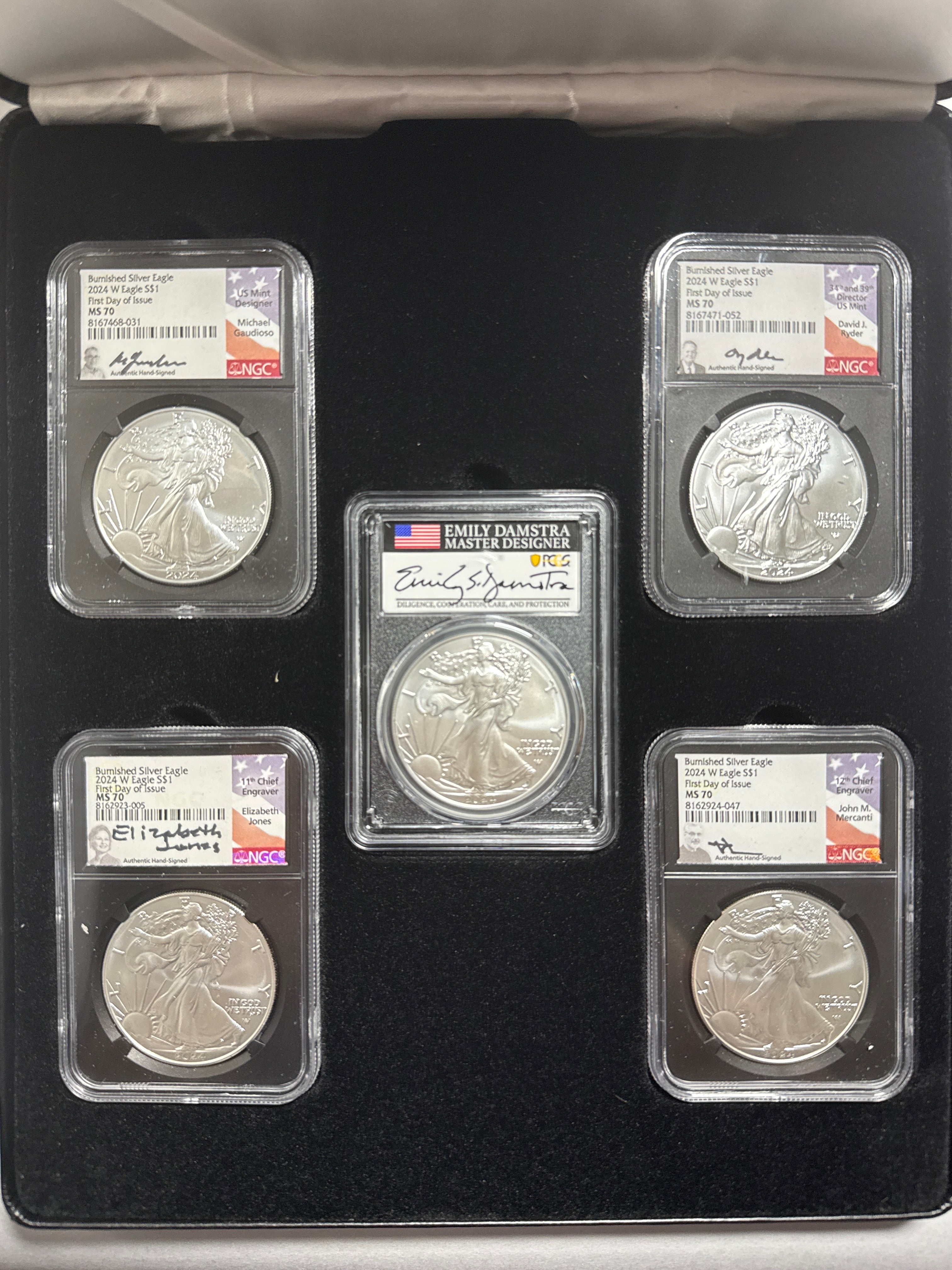 2024-W Burnished American Silver Eagle 5 Piece Set NGC/PCGS MS70/SP70 FDOI  Mercanti/Ryder/Jones/Gaudioso/Damstra with display box.