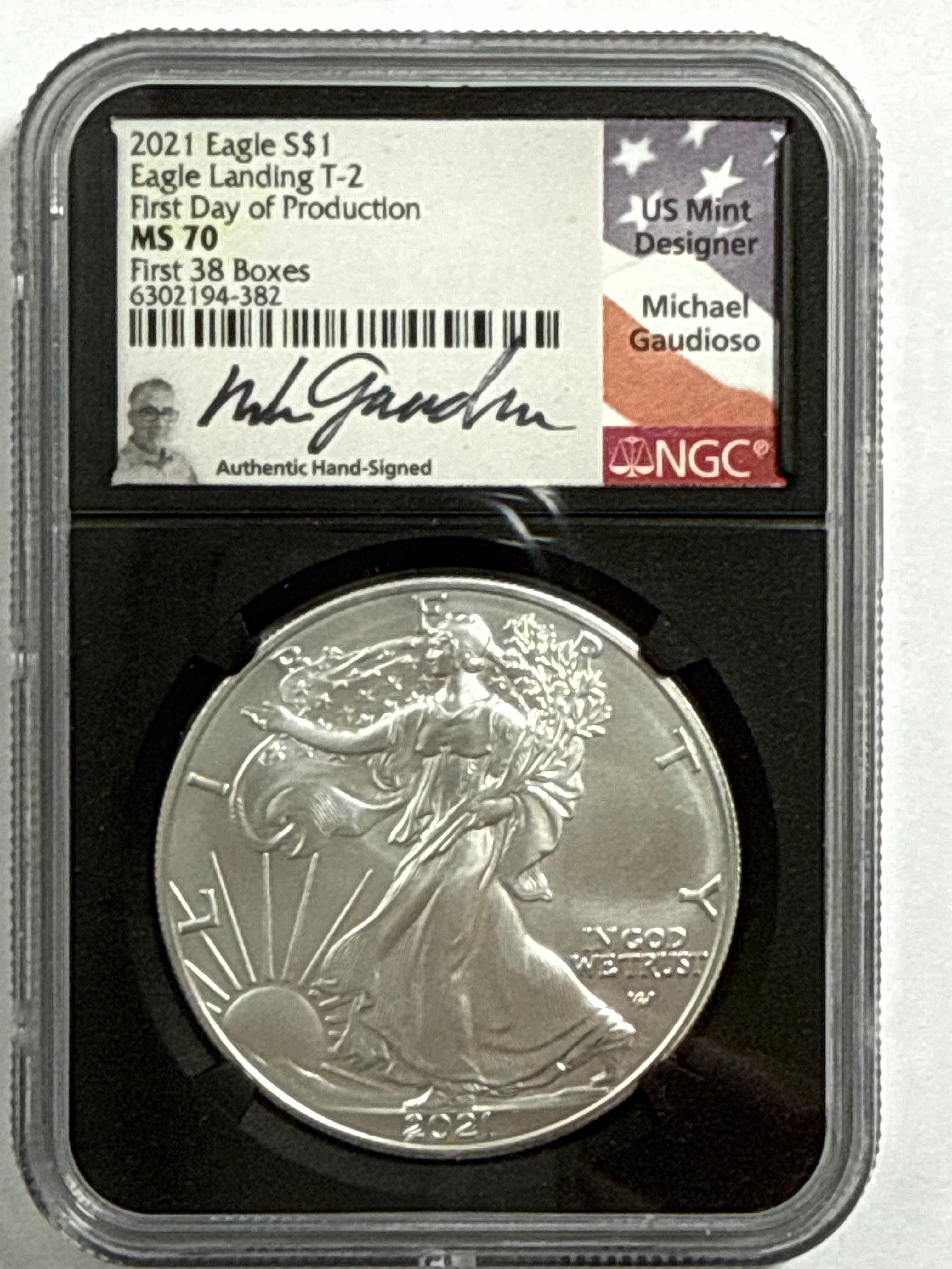 2021 American Silver Eagle 3 Piece Set T-2 NGC MS70 First Day of Production First 38 Boxes Gaudioso/Ryder/Damstra