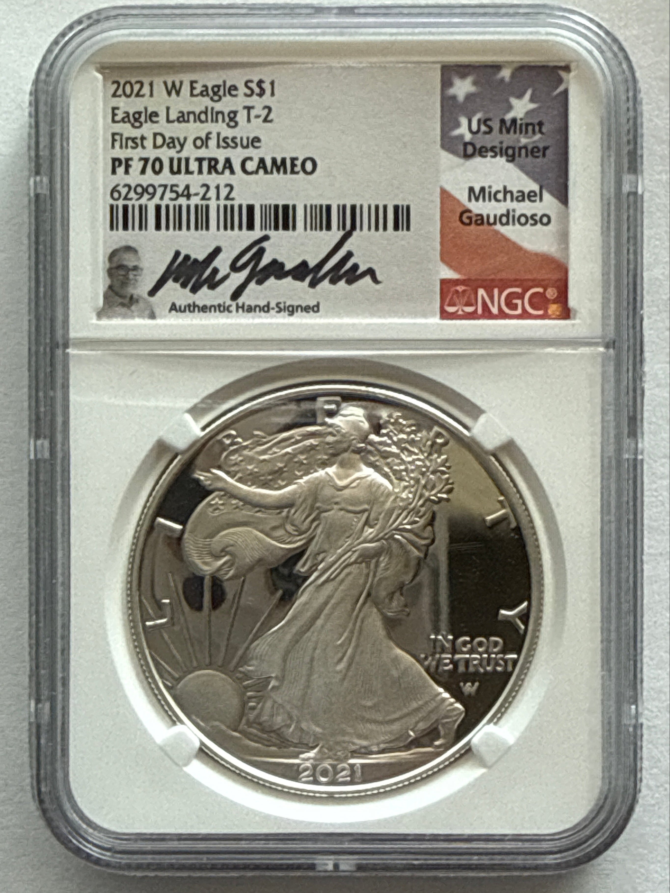 2021-W American Silver Eagle NGC 1 oz PF70 UCAM  FDOI Eagle Landing T-2 M. Gaudioso Flag Label