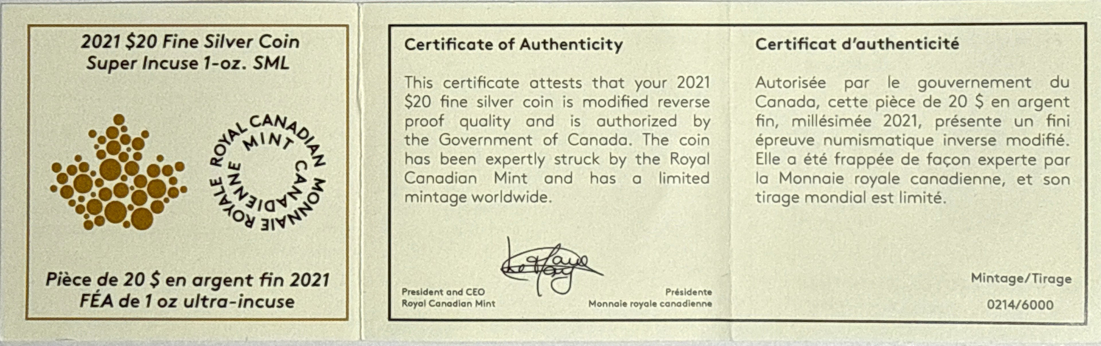 2021 1 oz Canada $20 Silver Maple Leaf - Super Incluse NGC First Day of Production Rev PF70