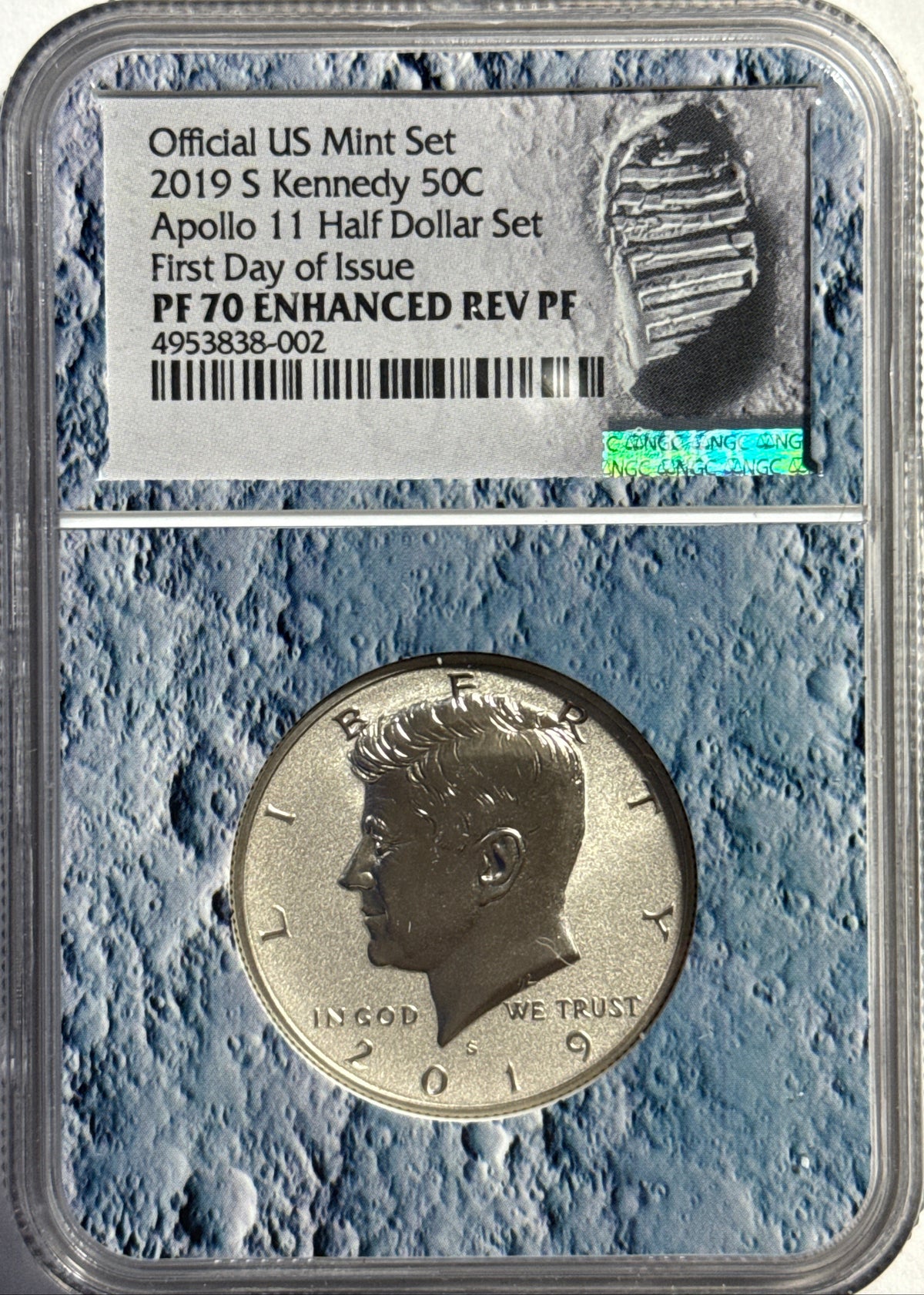 Vintage Vault: 2019-S Appollo 11 50C Half Dollar Set FDI PF70 UCAM NGC Kennedy 50C Appollo 11 Half Dollar Set FDI PF70 ENCH REV PF NGC 2-Coin Box Set.