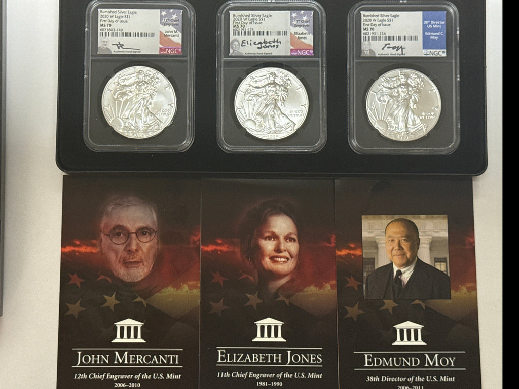 2020-W Burnished American Silver Eagle 3 piece set NGS MS70 FDOI First Day Of Location Issue SetMercanti/Jones/Moy with display box