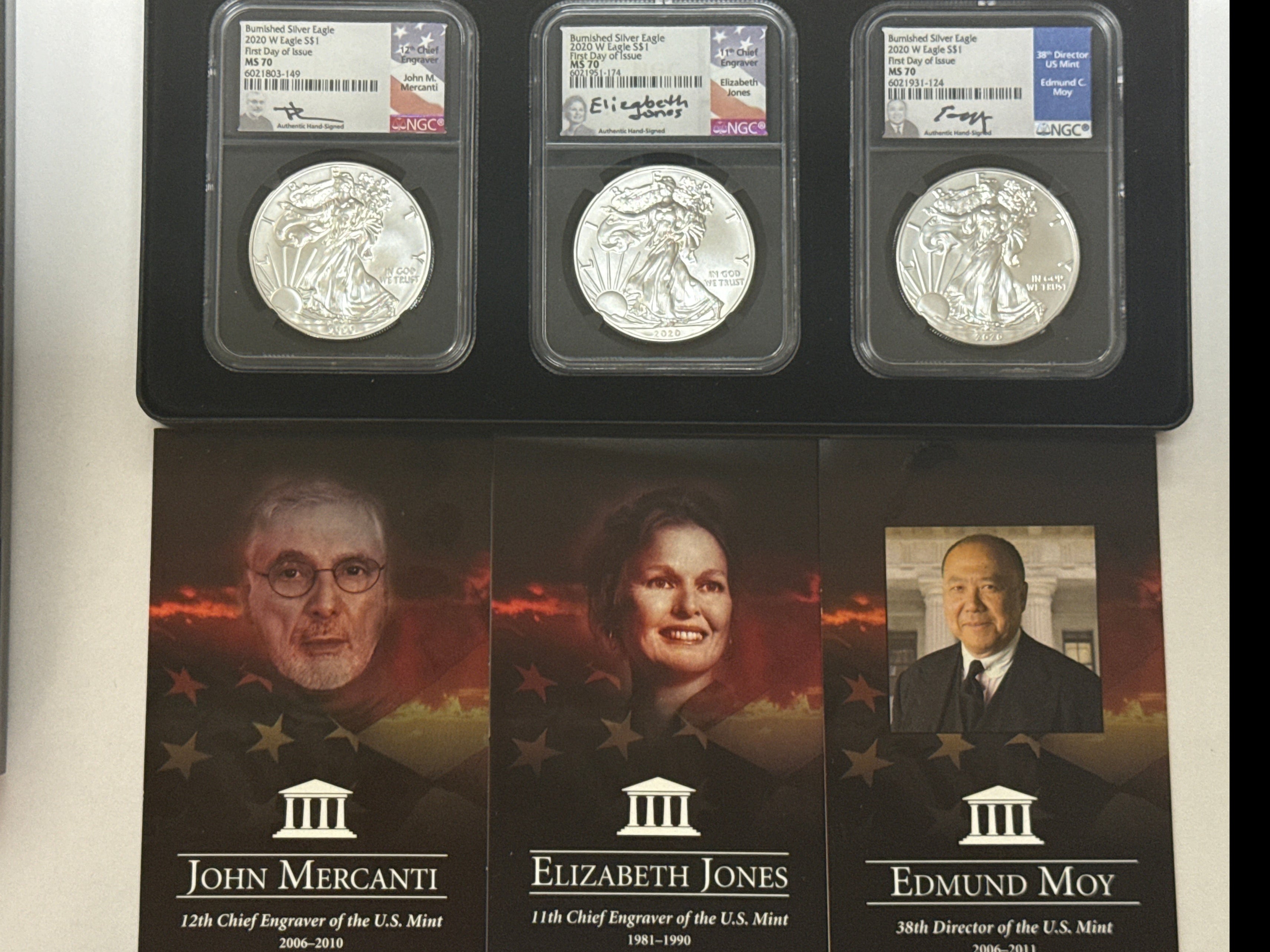 2020-W Burnished American Silver Eagle 3 piece set NGS MS70 FDOI First Day Of Location Issue SetMercanti/Jones/Moy with display box