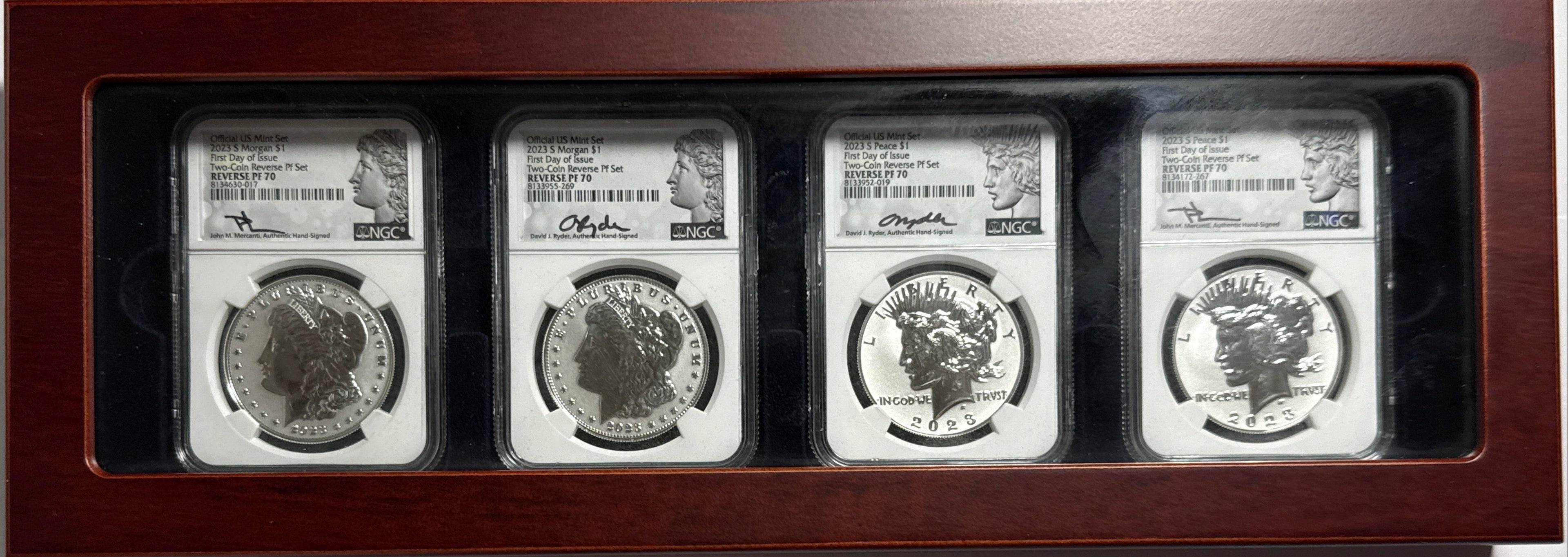 2023-S Morgan/Peace Silver Dollar 4 piece Official US Mint Set NGC FDOI Two-Coin Reverse PF Set Reverse PF70 Mercanti/Ryder Hand Signed with Displaty Box