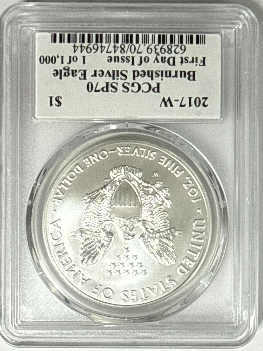 2017-W Burnished American Silver Eagle PCGS SP70 FDOI Trump Label