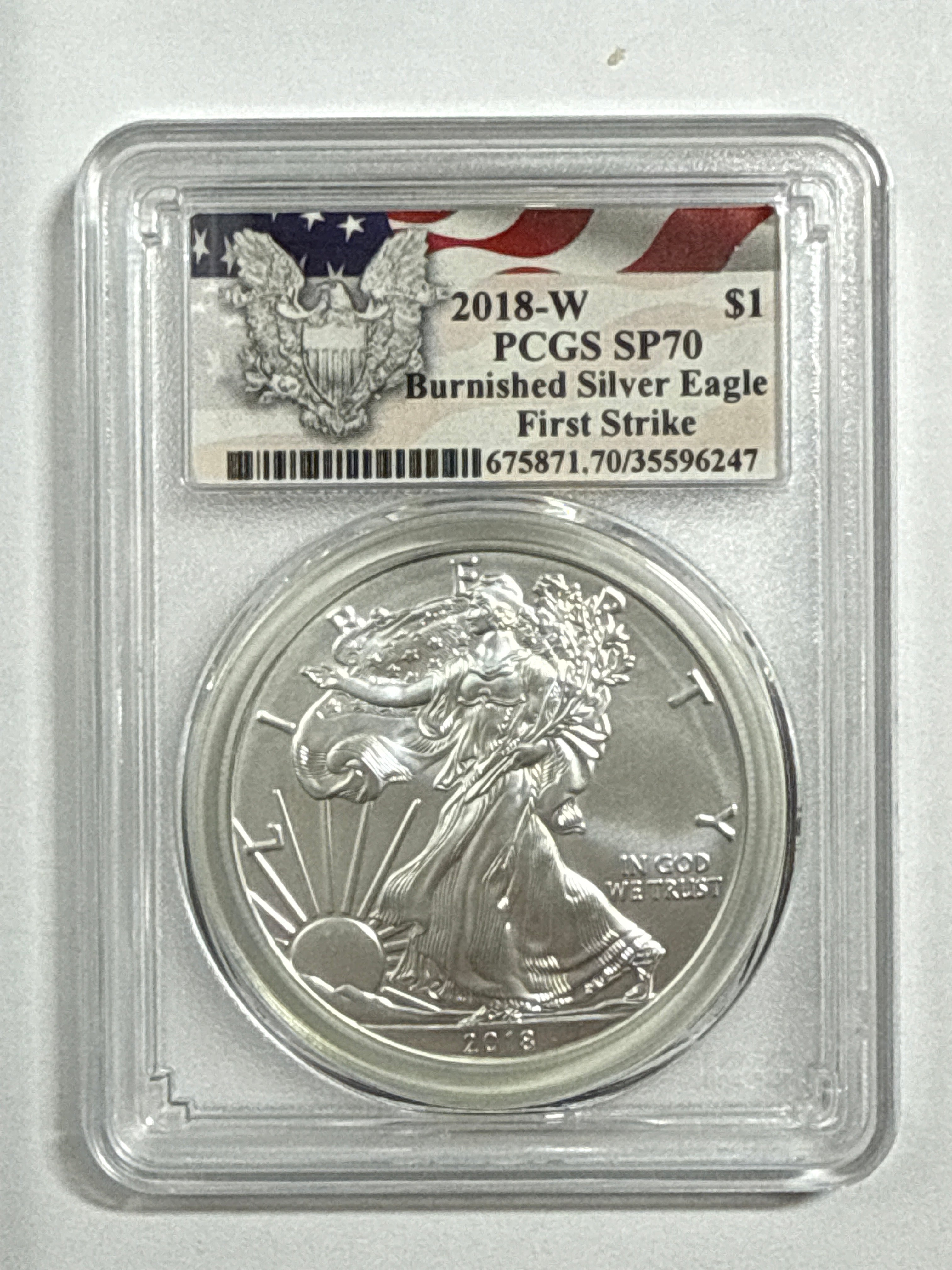 2018-W Burnished American Silver Eagle PCGS SP70 FS Flag Label