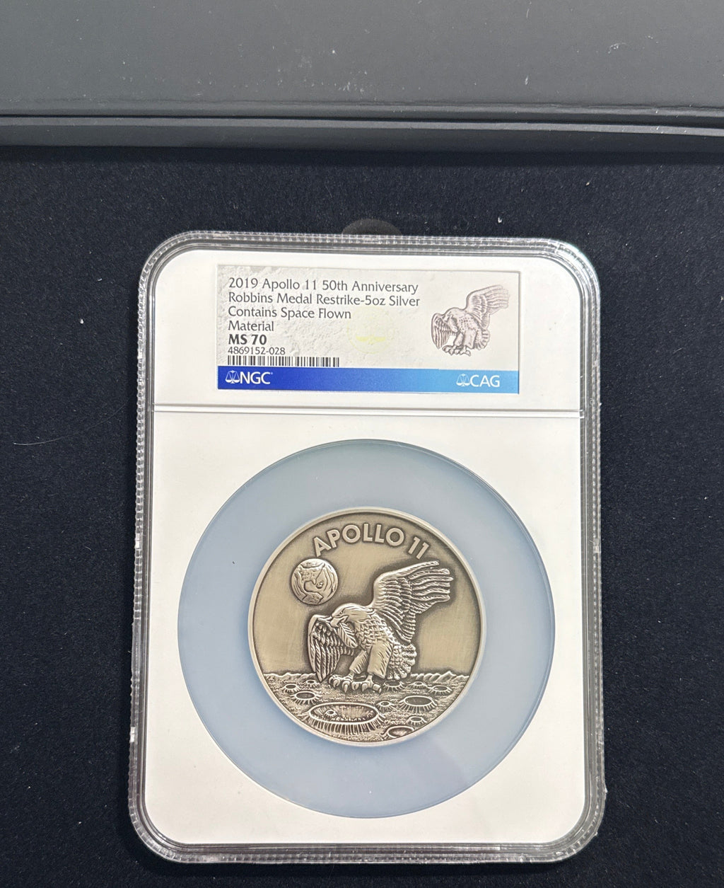Vintage Vault: 2019 Apollo 11 50th Anniversary Robins Metal Restrike-5 oz Silver Contains Space Flown Material NGC MS70