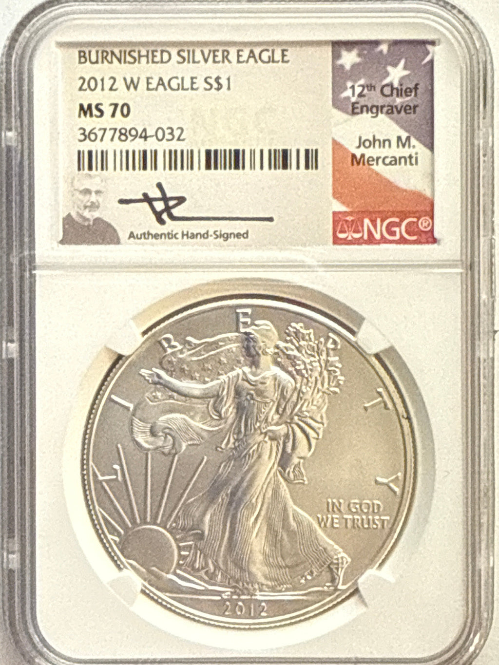 2012-W Burnished American Silver Eagle $1 NGC MS70 Mercanti Hand-Signed