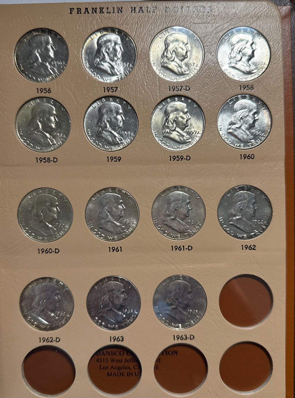 1948-1963-D,P,S  American Franklin Silver Half Dollar Complete Set 35 coins  in Dansco COA 90 % silver.