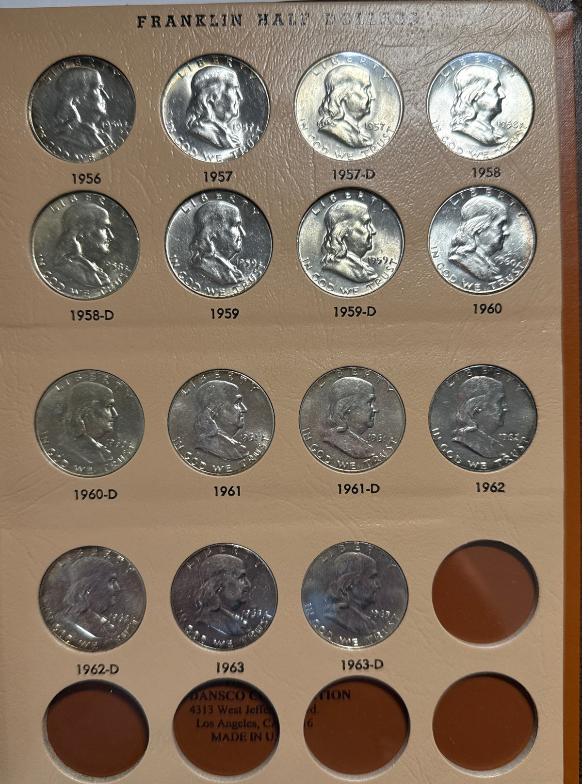 1948-1963-D,P,S  American Franklin Silver Half Dollar Complete Set 35 coins  in Dansco COA 90 % silver.