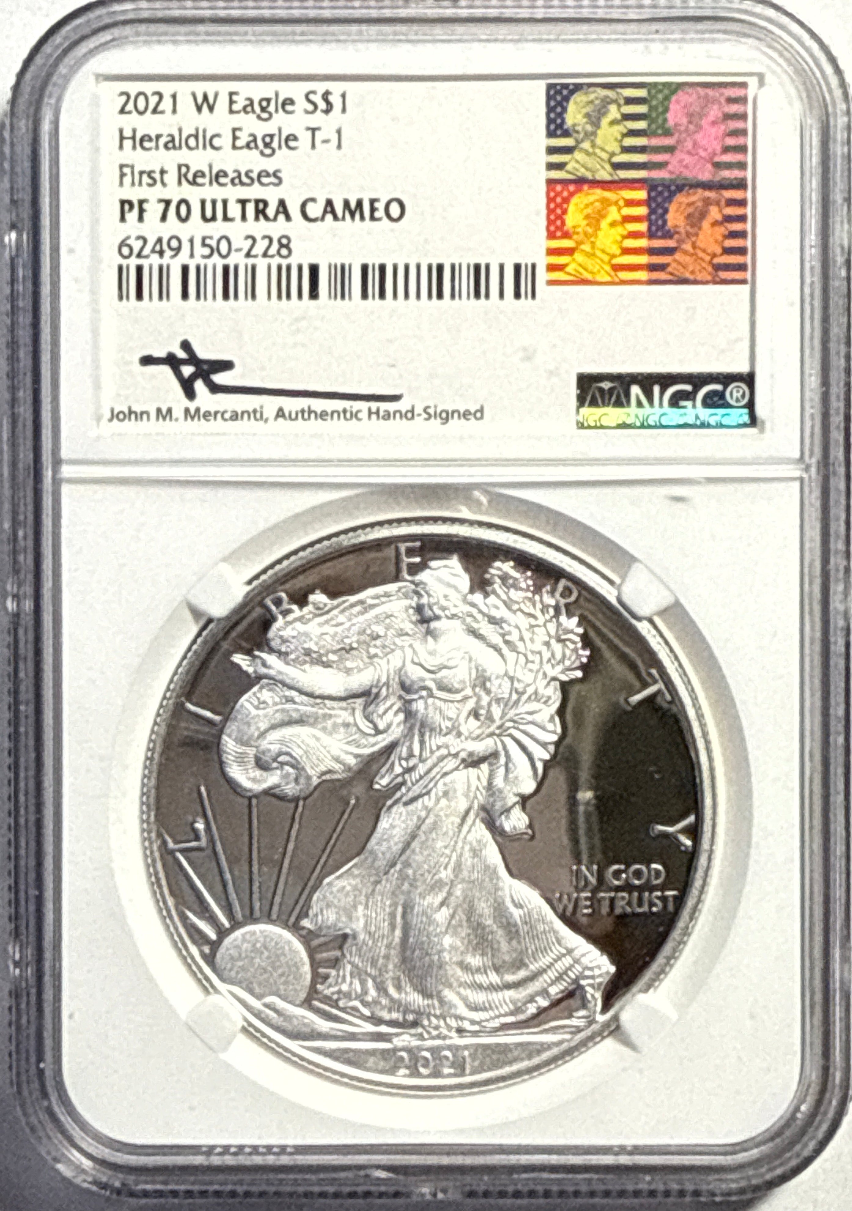 2021-W American Silver Eagle $1 NGC Heradlic Eagle T-1 FR PF70 UCAM Mercanti Hand-Signed