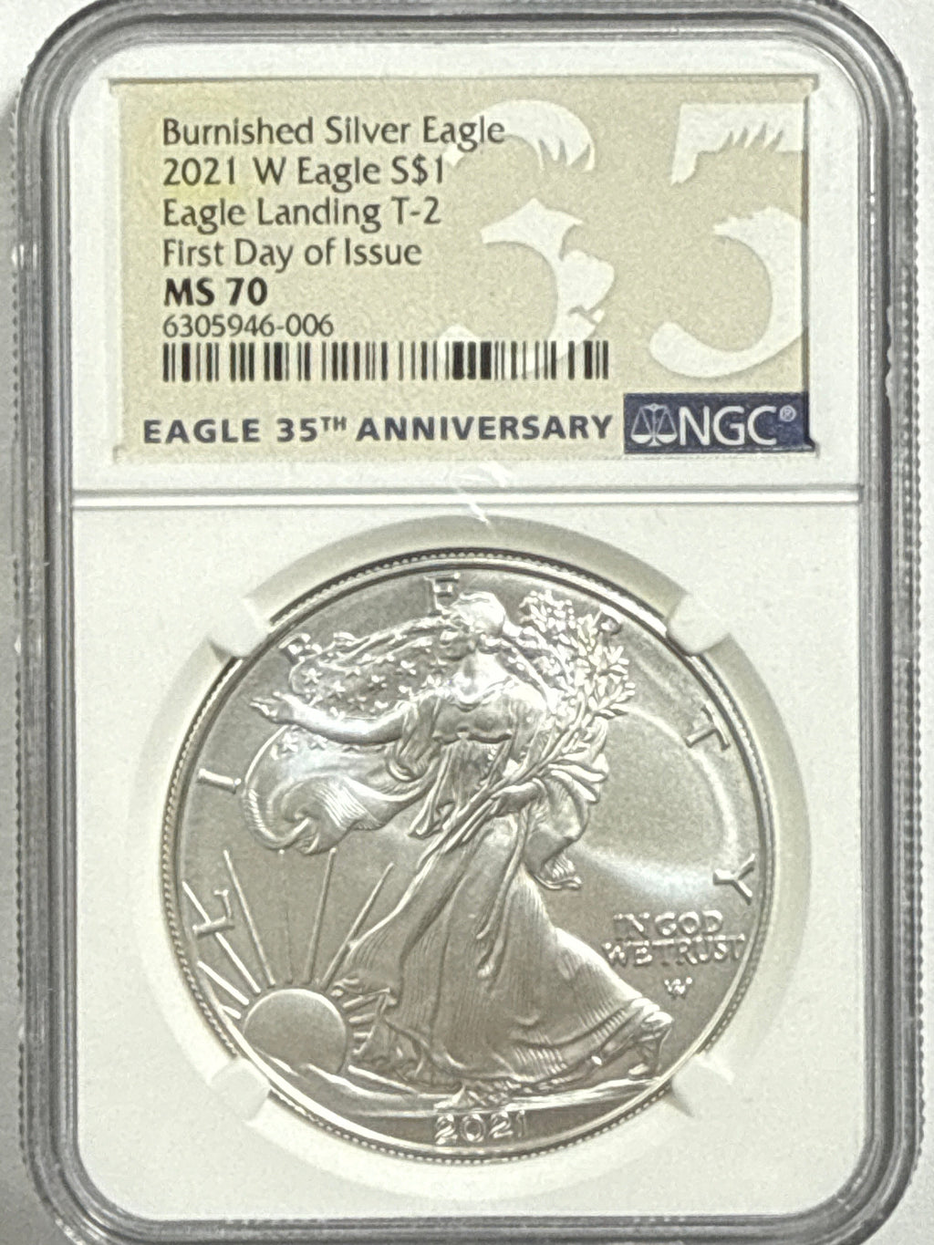 2021-W Burnished American Silver Eagle NGC MS70 FDOI Eagle Landing T-2 35th Anniversary