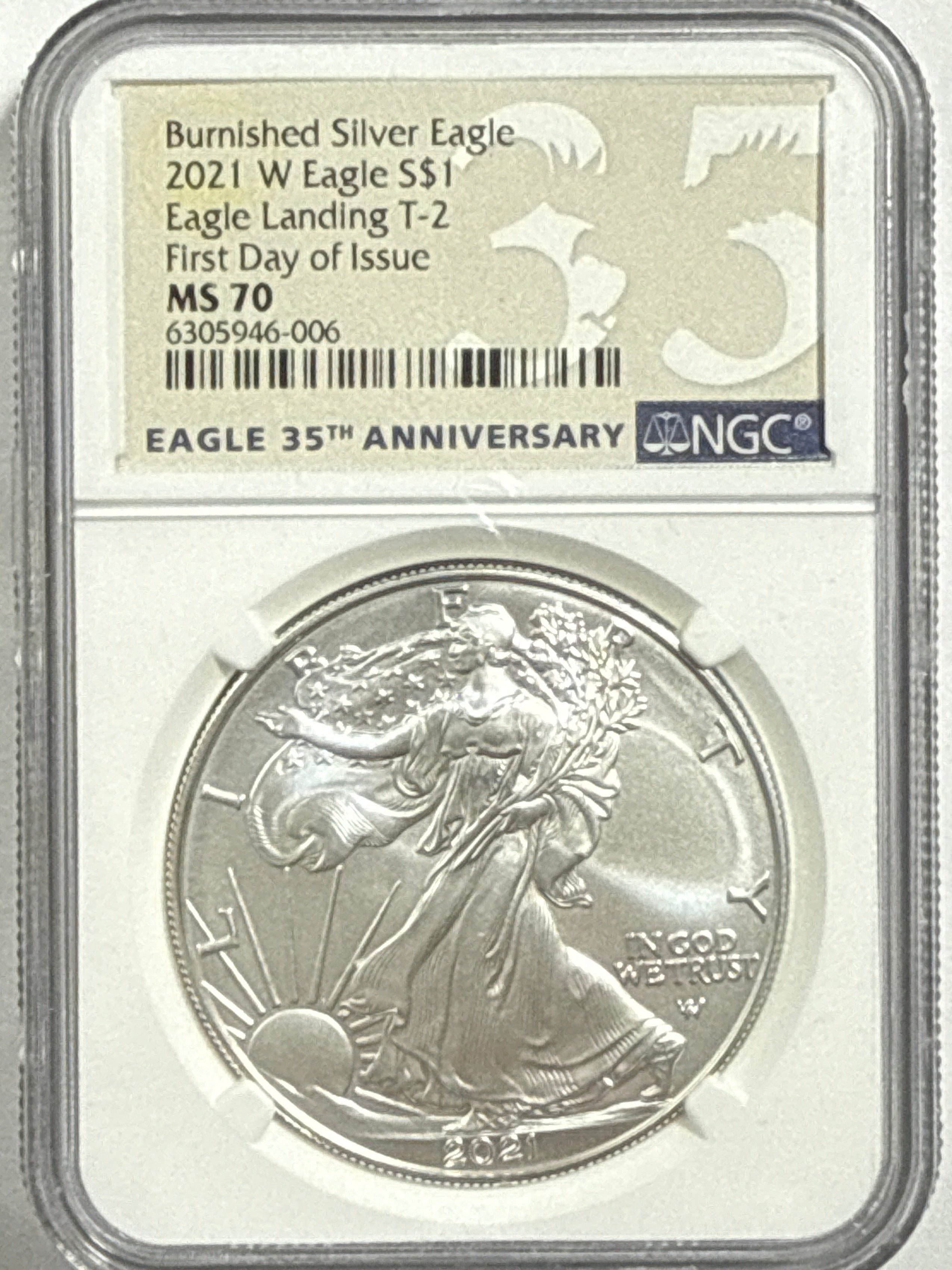 2021-W Burnished American Silver Eagle NGC MS70 FDOI Eagle Landing T-2 35th Anniversary