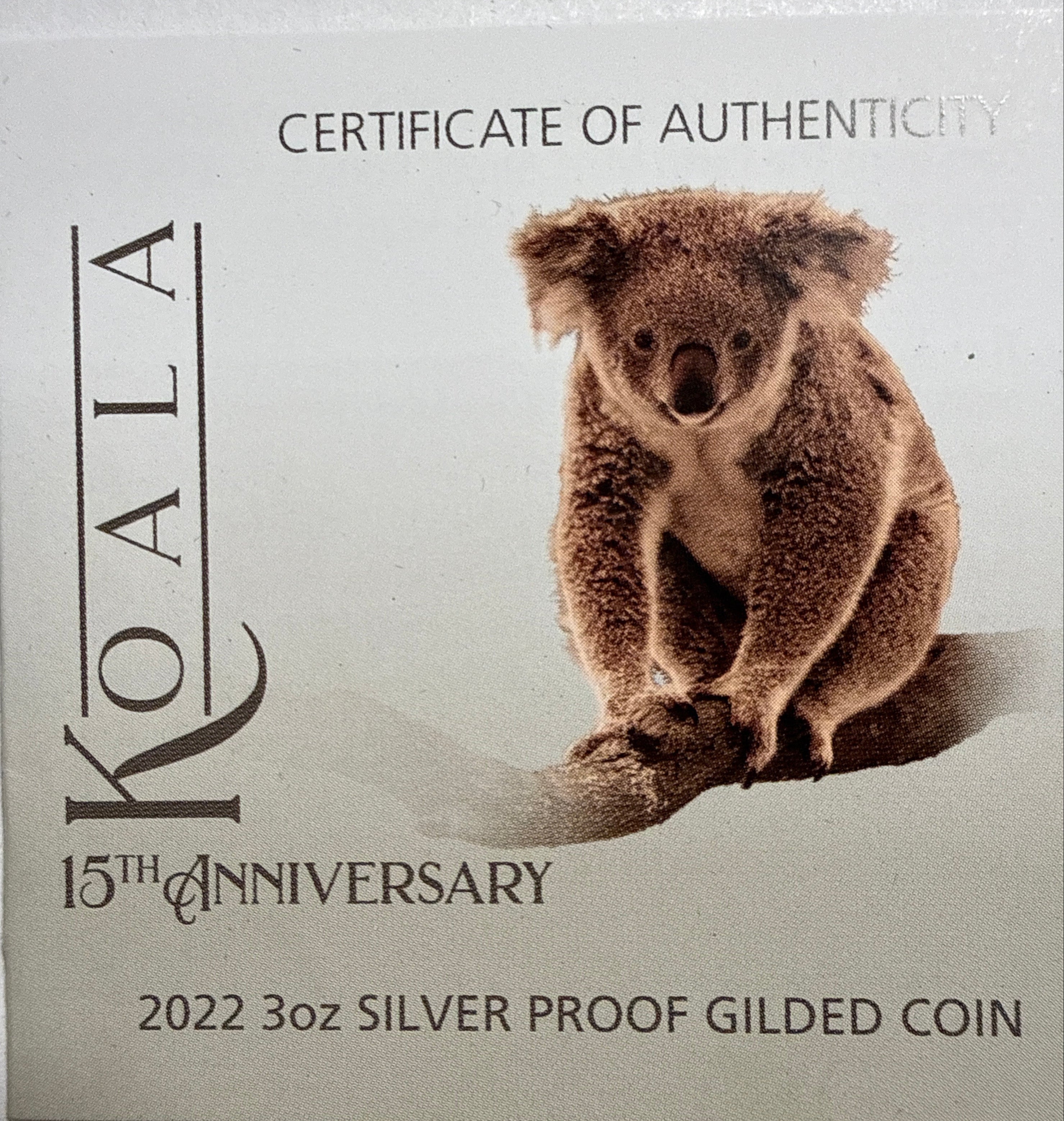 2022P Australia 3 oz $3  Silver Koala-Gilt NGC 15th Anniv.-FDP  PF70 UCAM