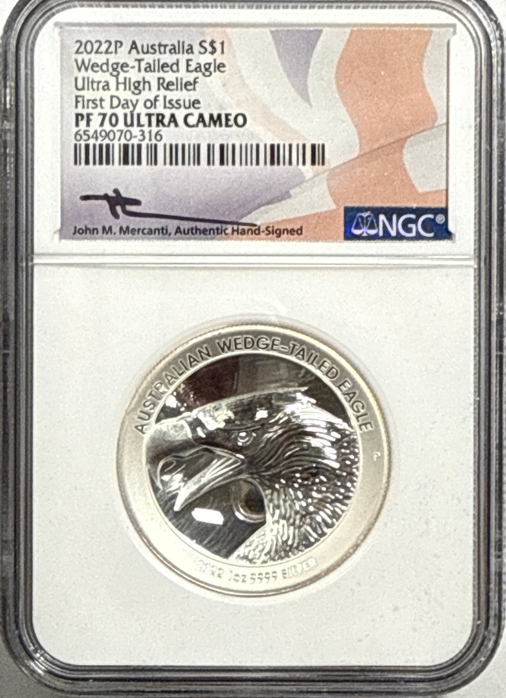 2022P Australia $1 .999 Silver Wedge-Tailed Eagle NGC Ultra High Relief FDI PF70 UCAM Mercanti