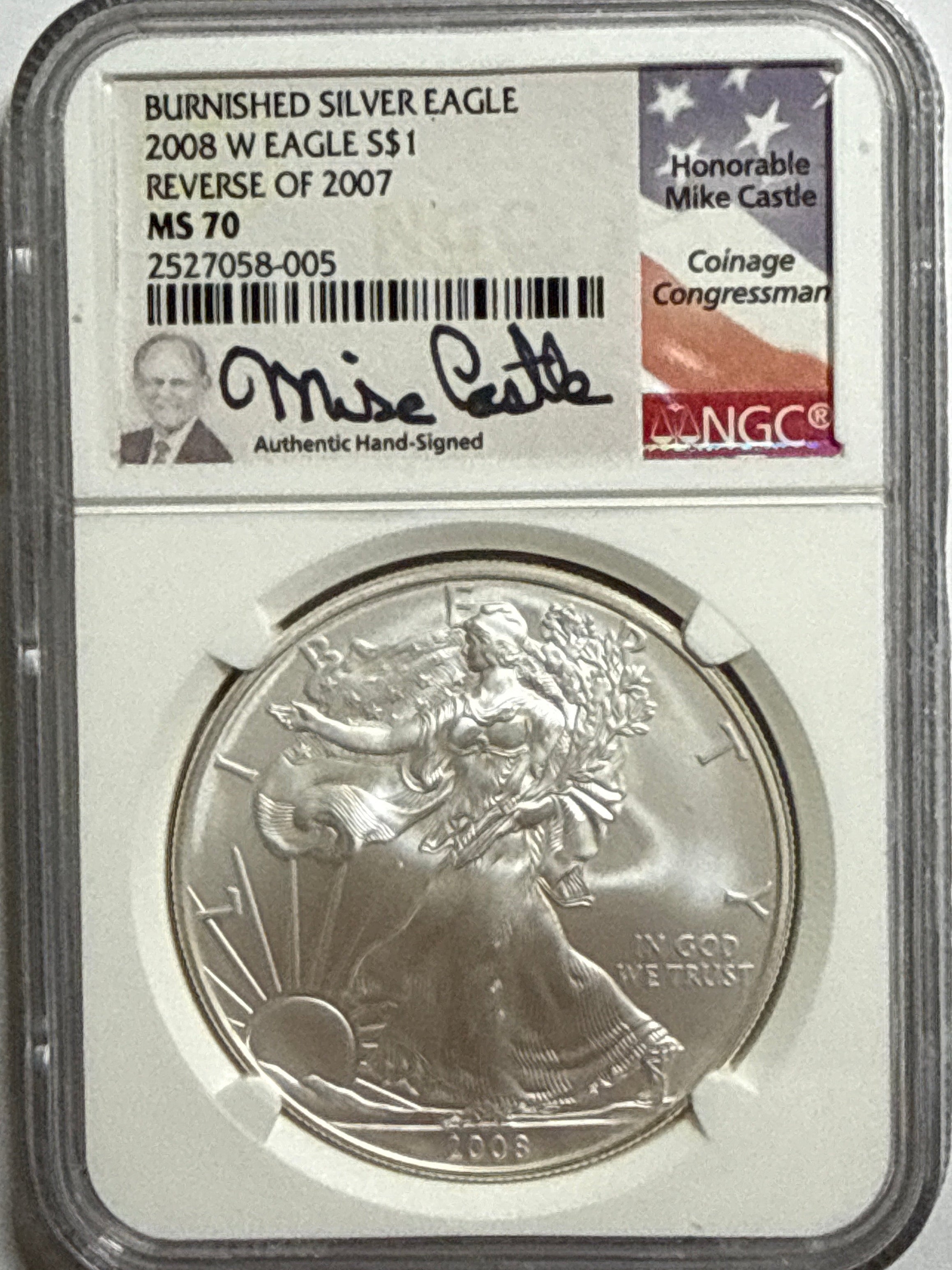 2008-W Burnished American Silver Eagle NGC MS70 Reverse of 2007 Mike Castle Hand Signed