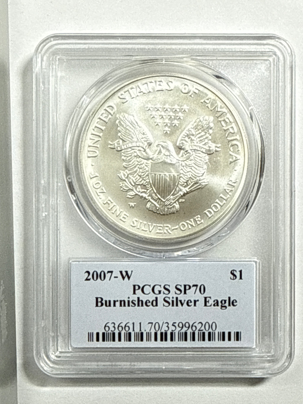 2007-W Burnished American Silver Eagle PCGS SP70 Thomas Cleveland Native Chief Label