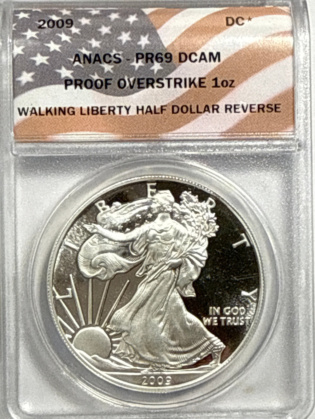 2009 American Silver Eagle ANACS $1 Silver Walking Liberty Half Dollar Reverse PR69 DCAM Proof Overstrike 1oz 2-Coin Box Set