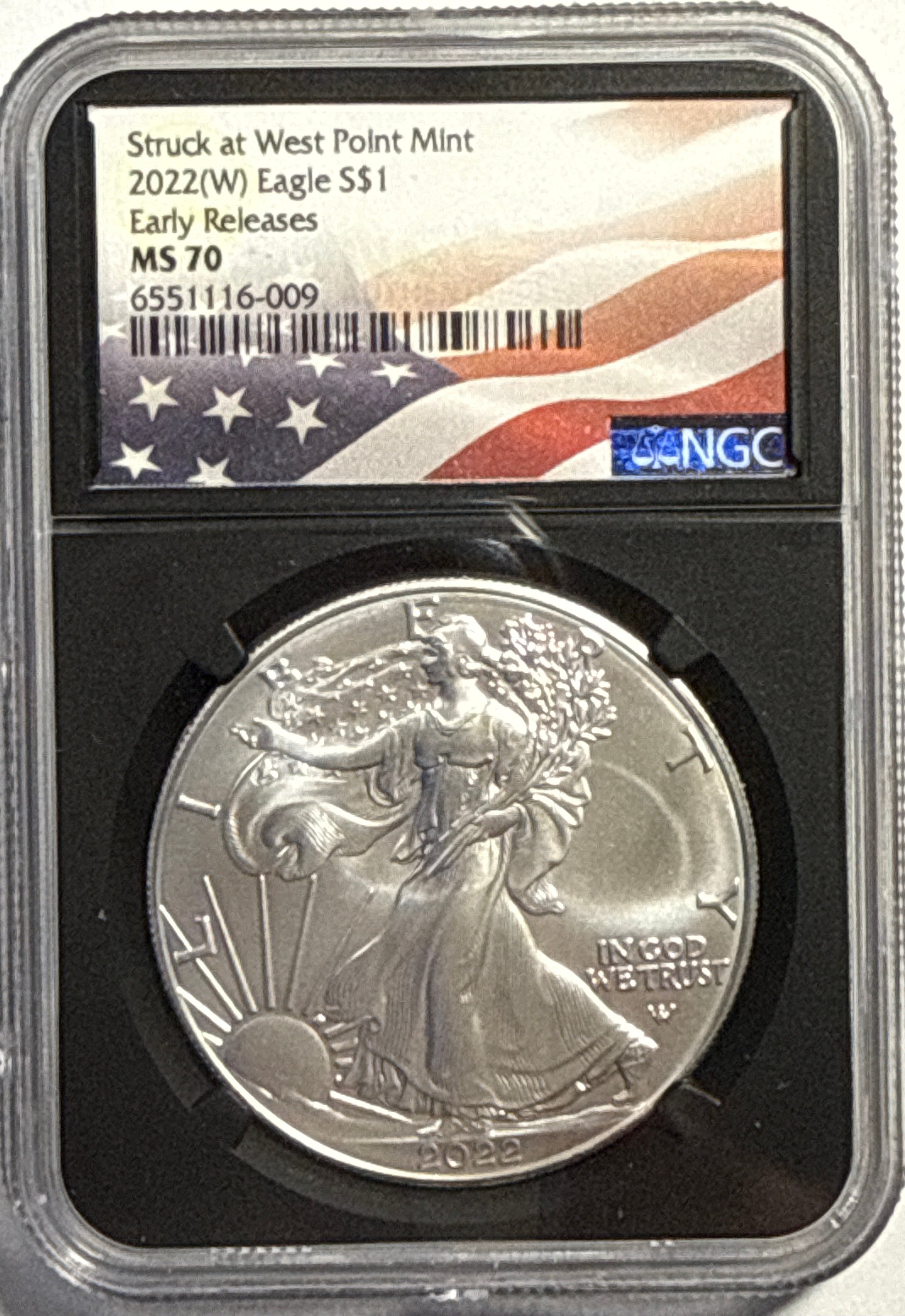 2022-W American Silver Eagle $1 NGC ER MS70 Flag Label Black Core