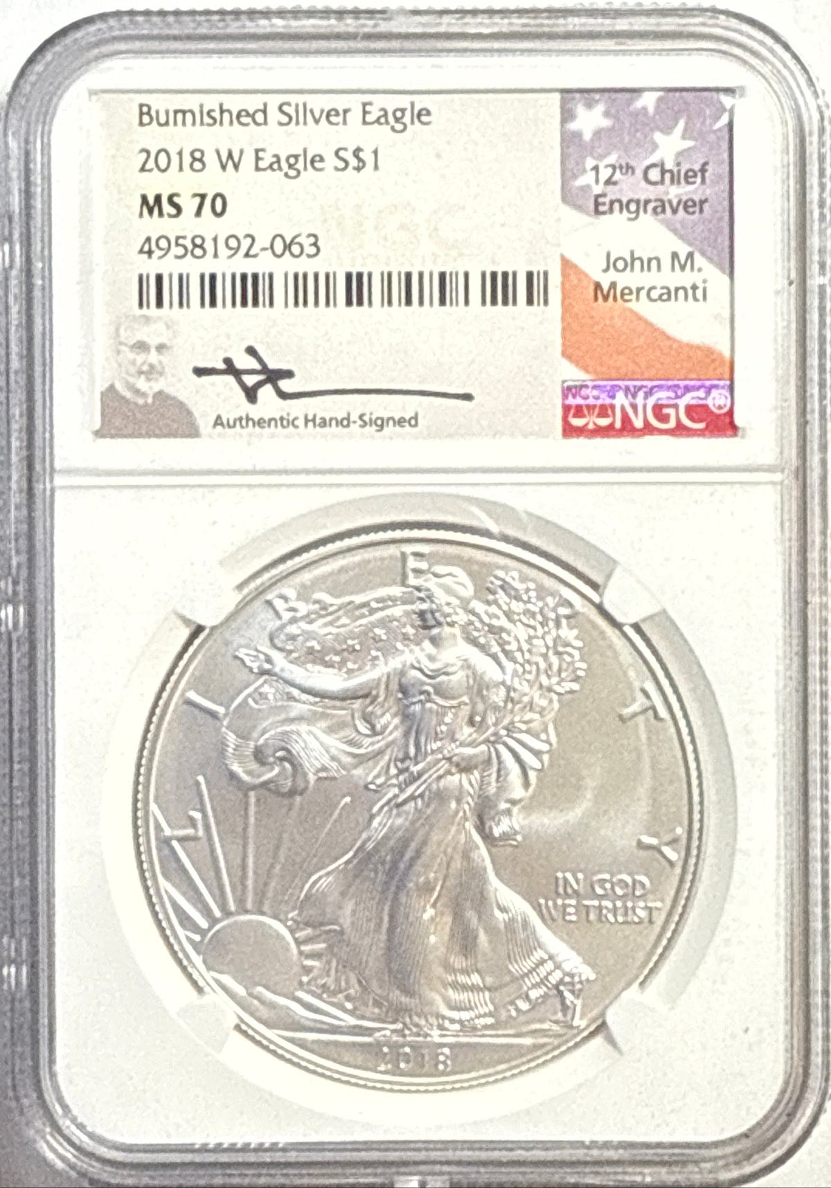2018-W Burnished American Silver Eagle $1 NGC MS70 Mercanti Hand-Signed