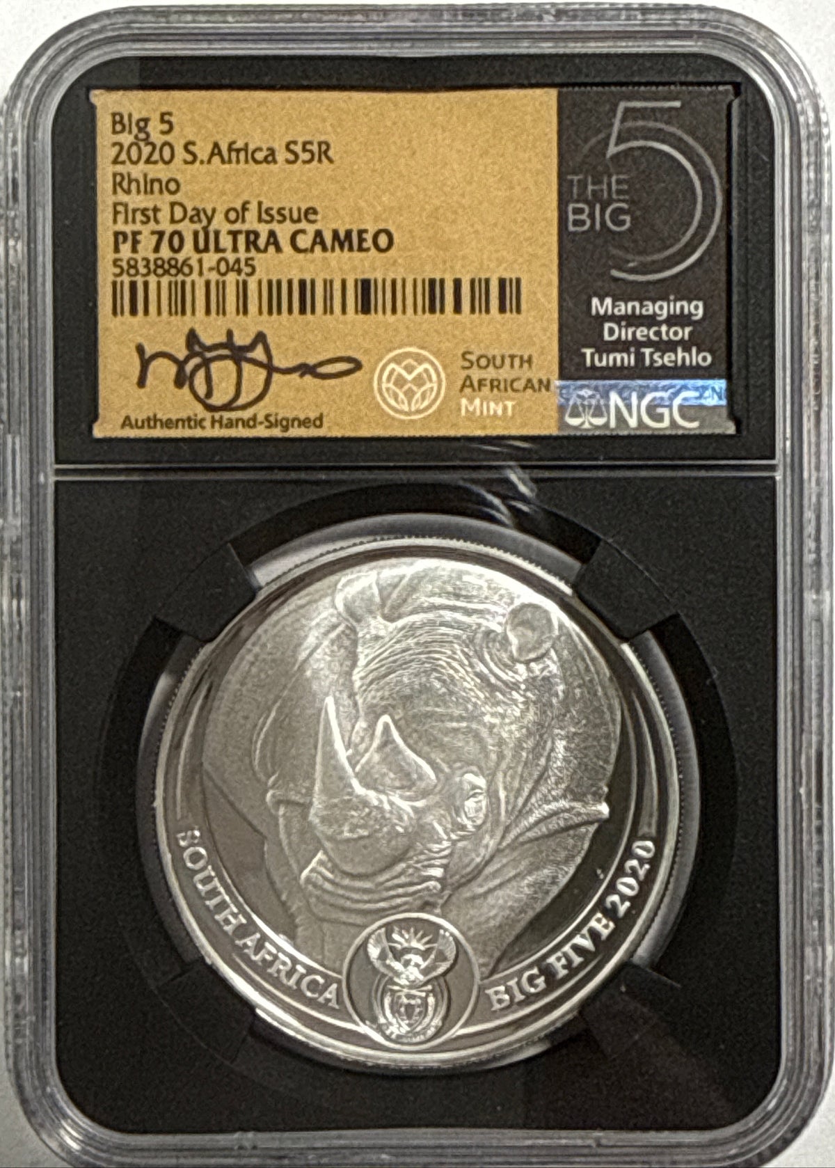 2019/2020/2021/ South Africa NGC FDI PF70 UCAM S5R Big 5 Elephant/Lion/Rhino/Spotted Leopard/Buffalo Tumi Tsehio signed