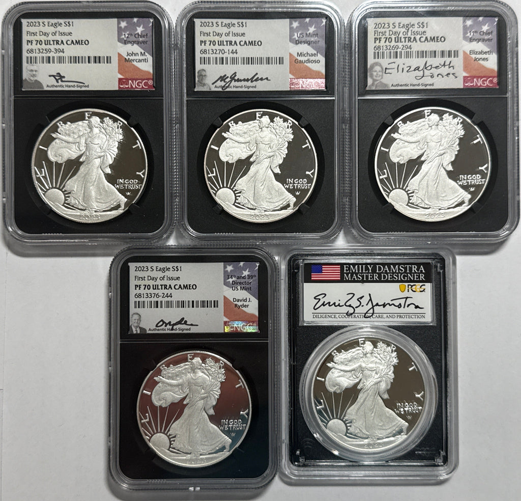 2023-S American Silver Eagle 5_coin Box Set NGC/PCGS FDOI PF70 UCAM/PR70 DCAM Mercant/Gaudioso/Jones/Ryder/Damstra