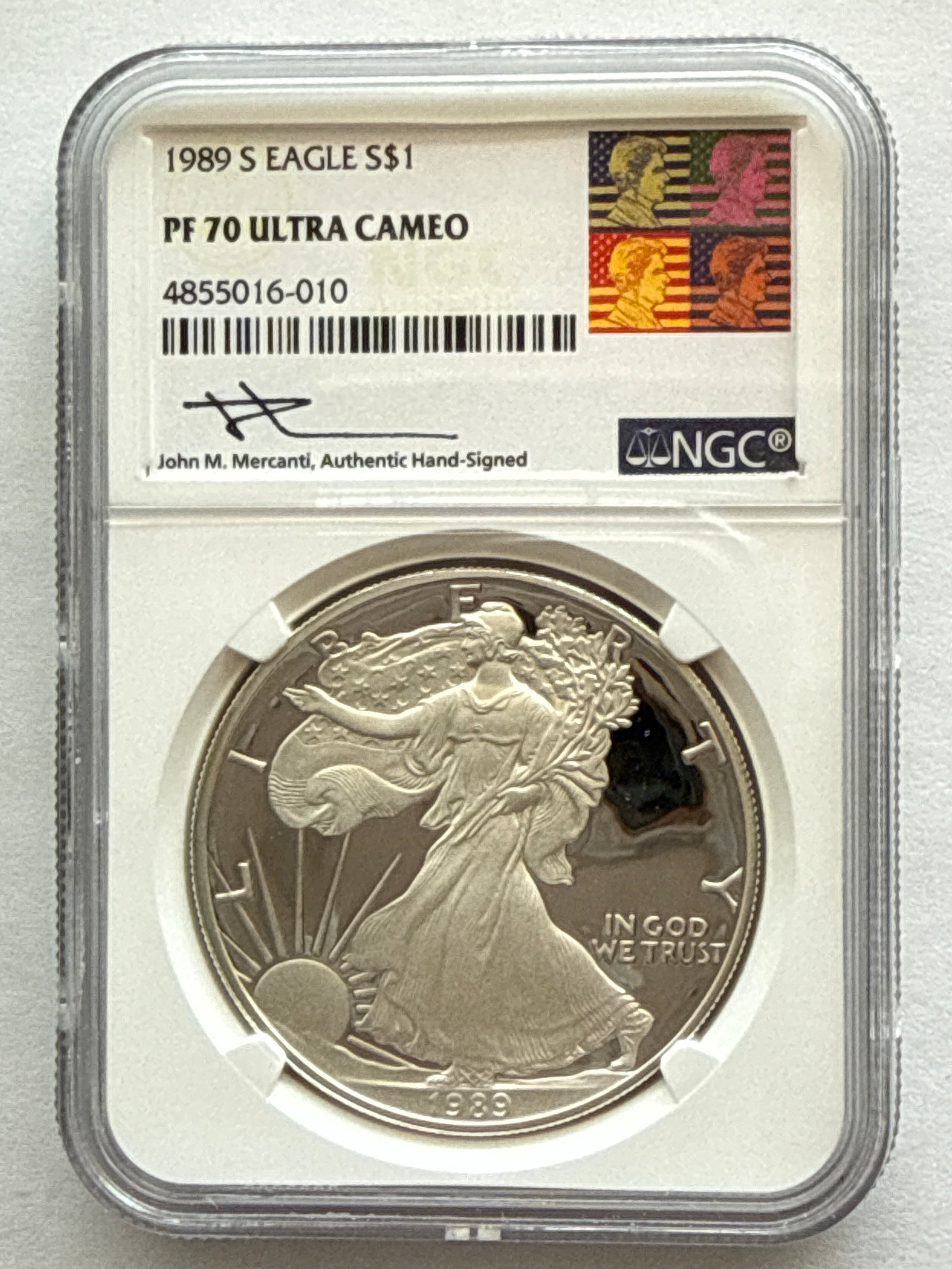 1989-S American Silver Eagle  NGC 1 oz PF70 UCAM  J. M. Mercanti hand signed pop #10 Art Label