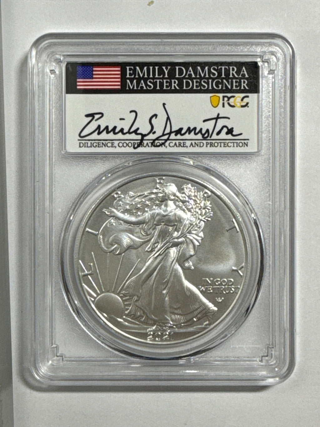 2021-W Burnished American Silver Eagle Type 2 PCGS SP70 First Strike FL Emily Damstra